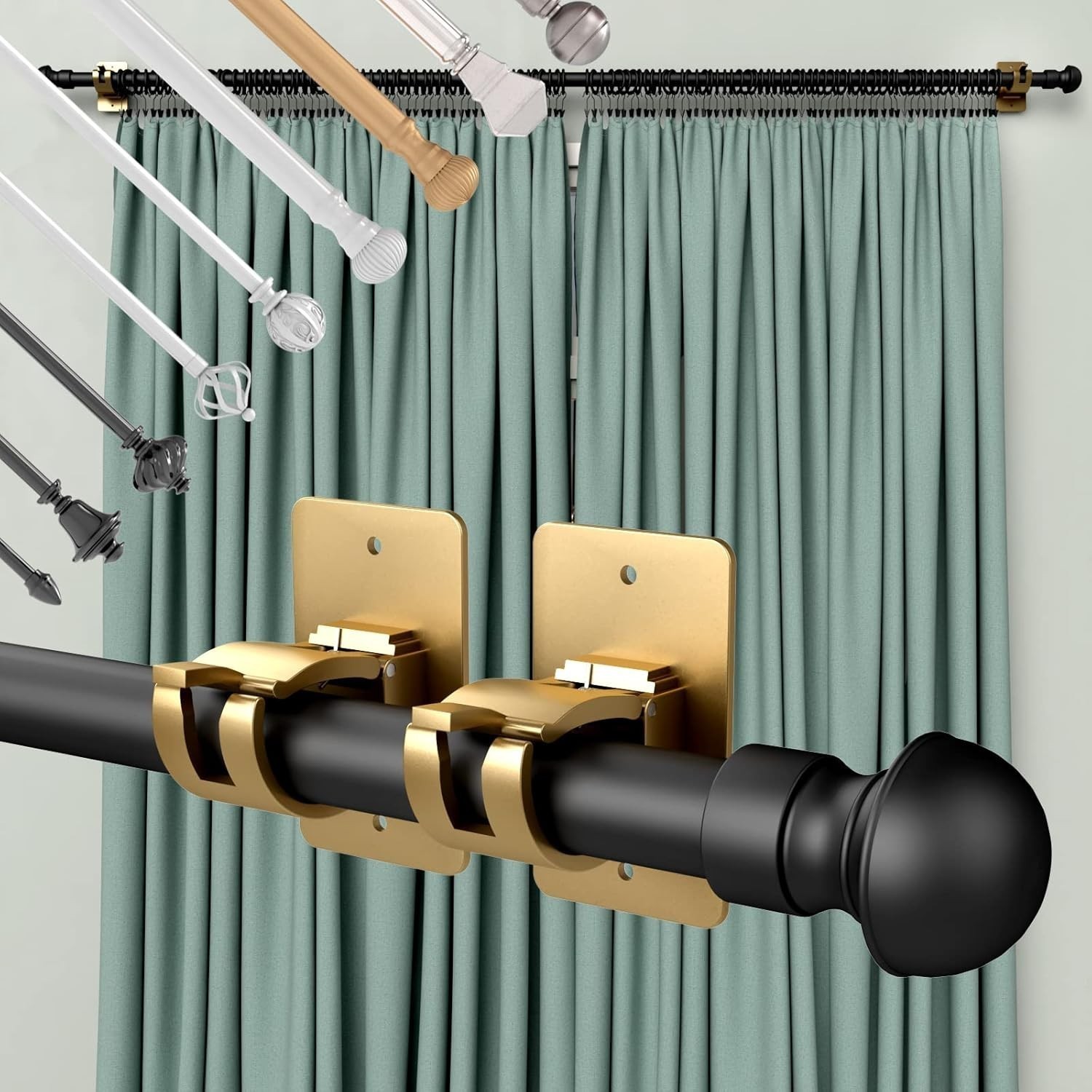 4PC No Drill Curtain Rod Brackets Gold Plastic Self-Adhesive & Screw Mount