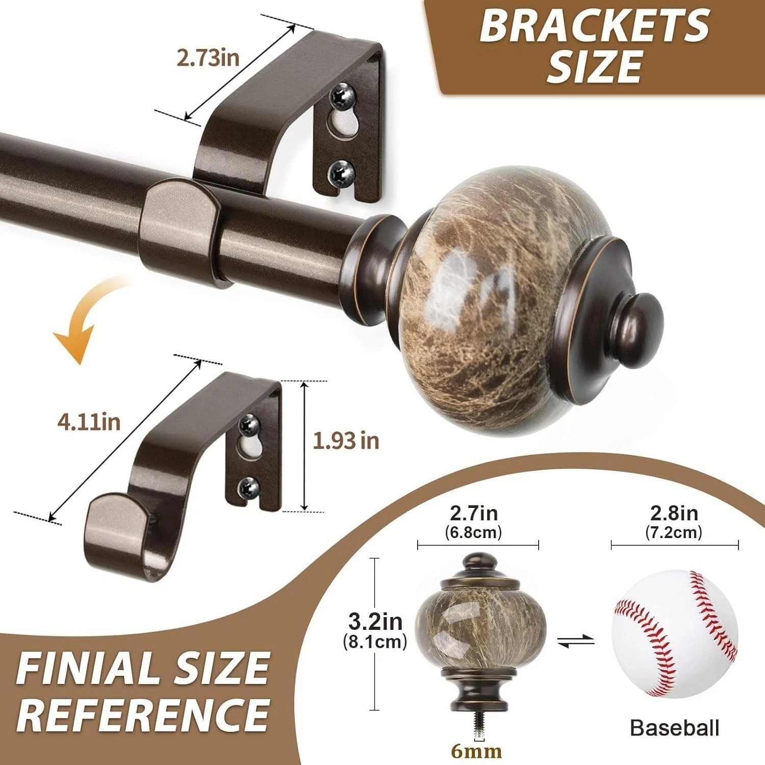Adjustable 1-Inch Bronze Curtain Rods 72 to 144 Inches with Glam Marbled Finials