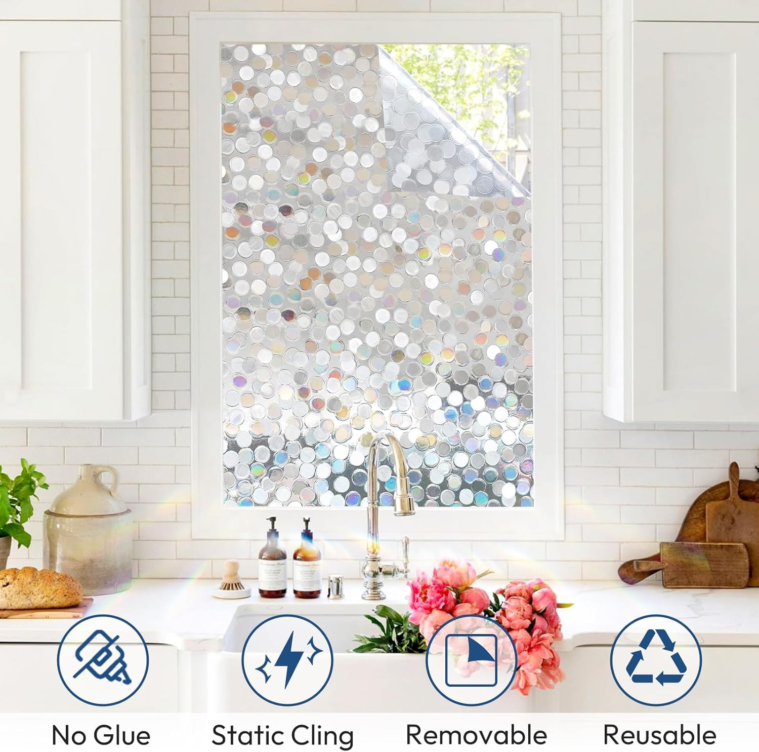 Window Privacy Film, Rainbow Stained Glass Window Film, 3D Decorative Static Cli