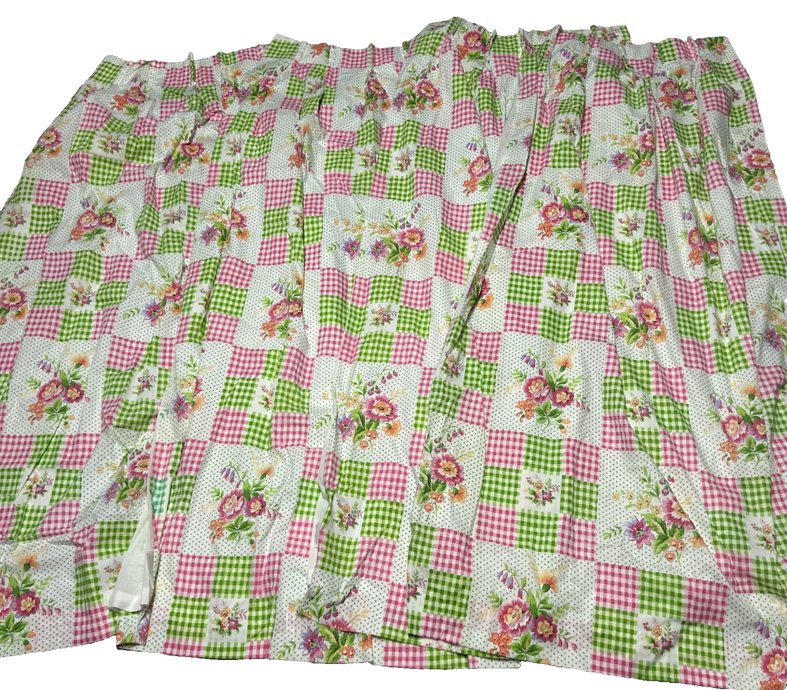 Vintage 70’s Sears Curtains 4 Pink Green Gingham Polka Dot Flowers Maximalist
