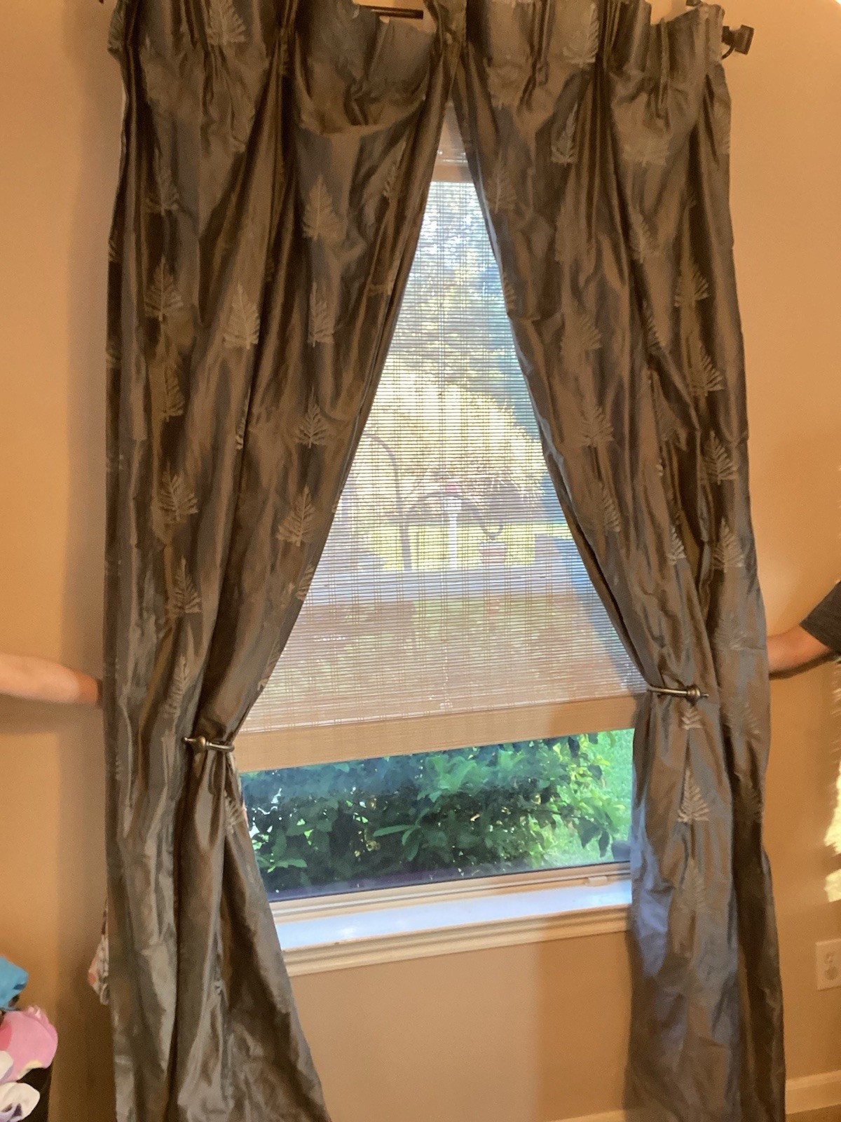 Silver/Gray (Aspen Tree embroider) Silk Lined Rod Pocket Curtain Panels 48”x95”