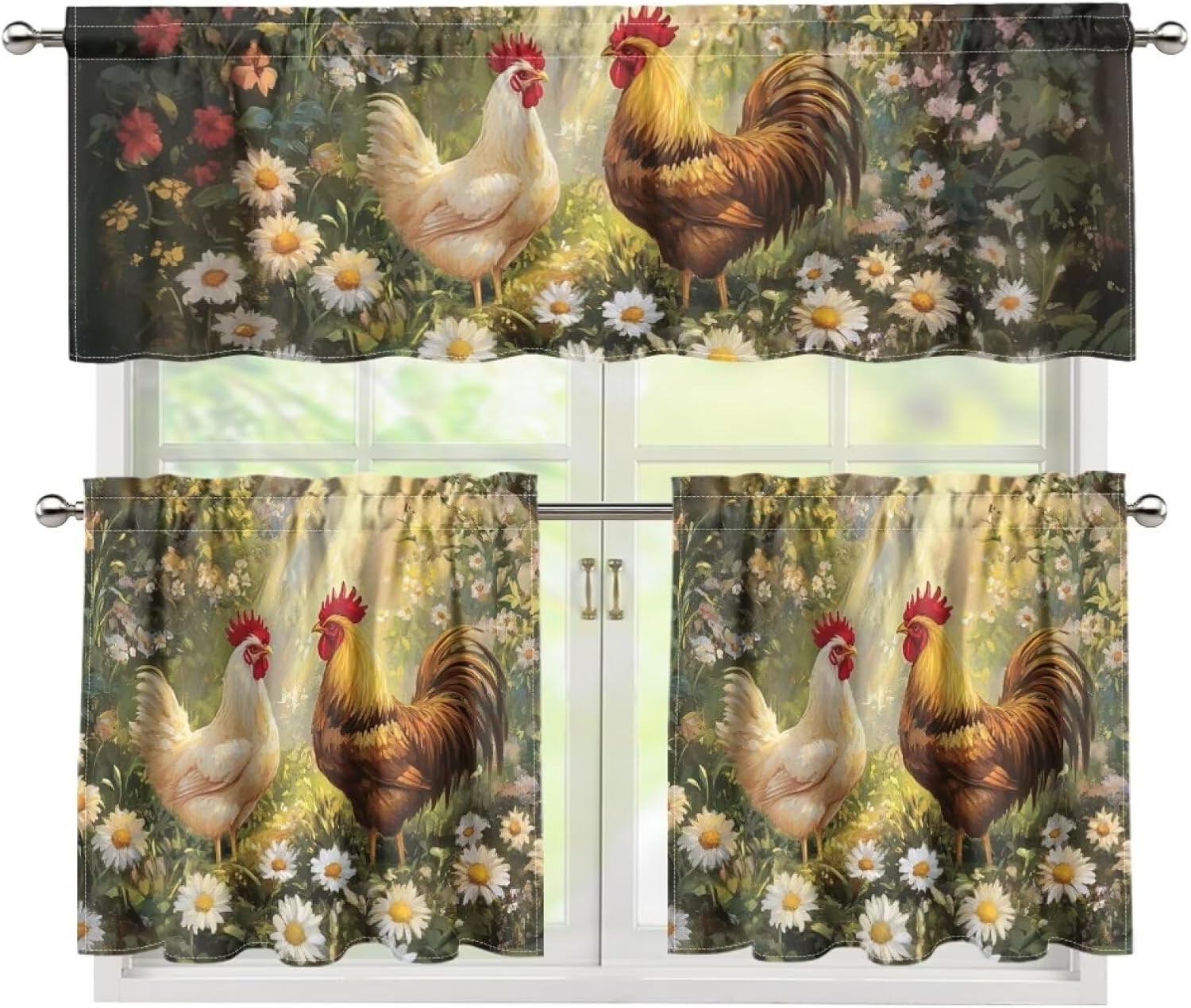 Roosters 3-Piece Kitchen Curtains & Valances Set, Tier Curtains, 24 Inch Length,