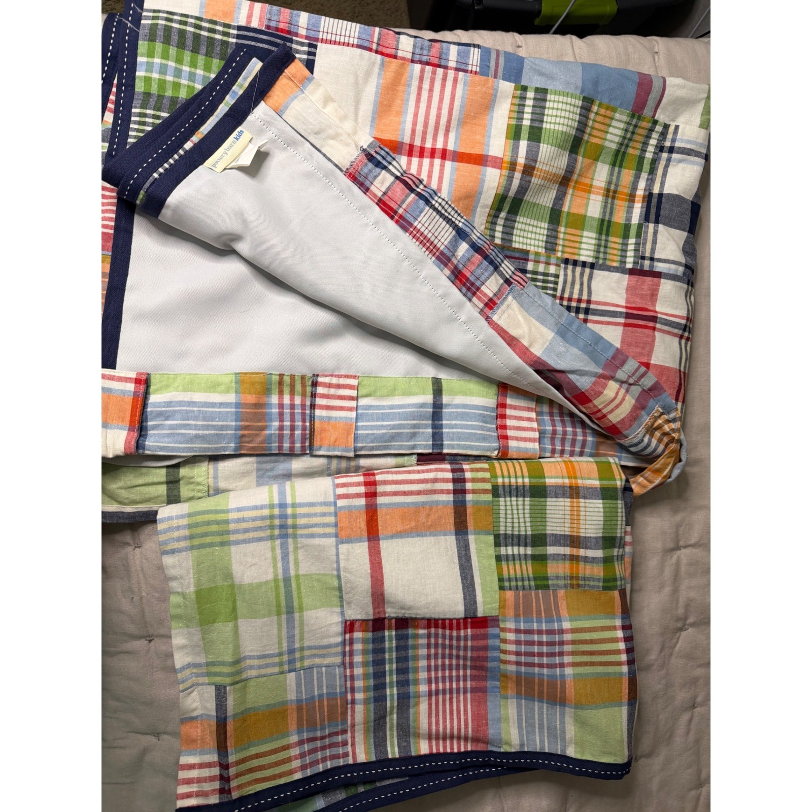 Pottery Barn Kids Madras Plaid Patchwork Blackout Curtain Pair 44×63 Multicolor