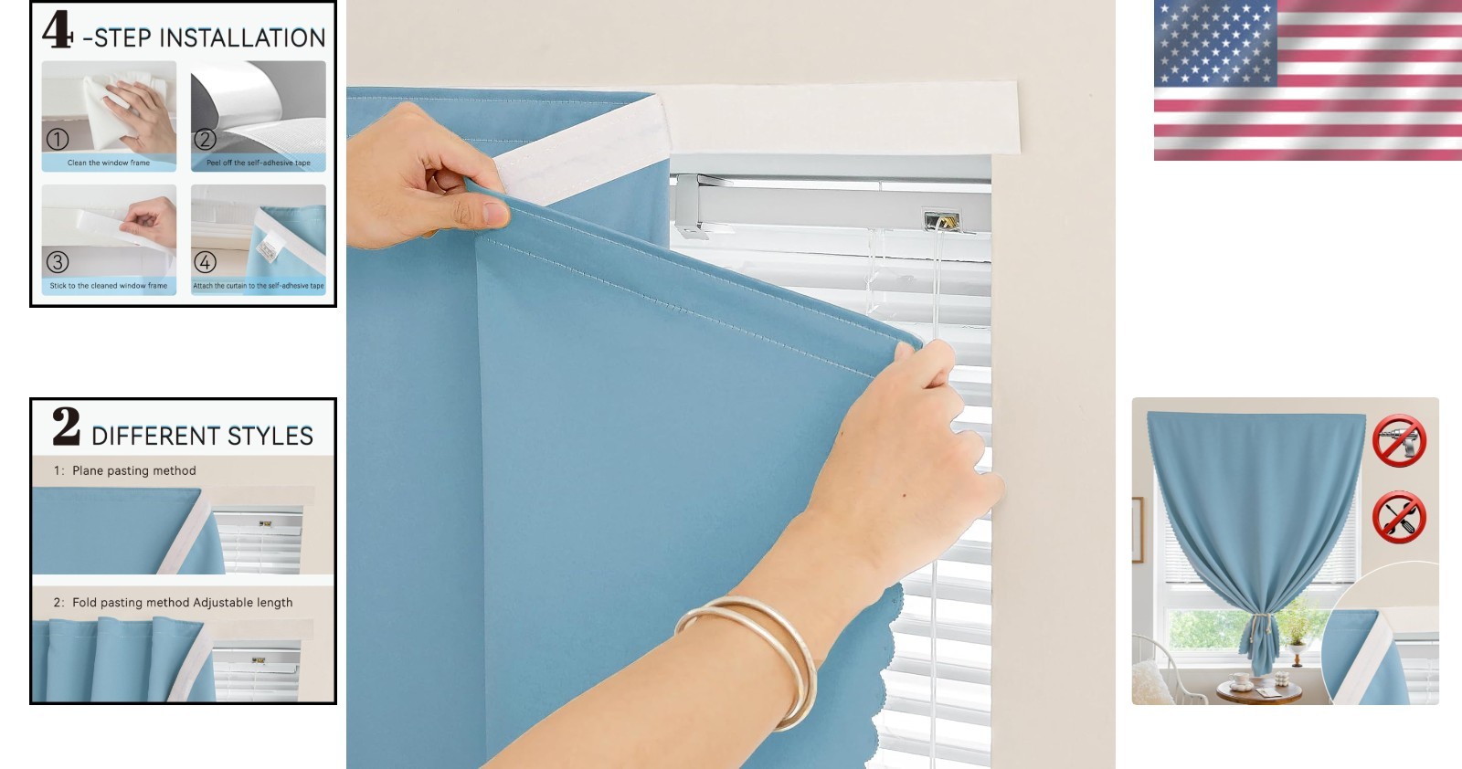 Durable Adhesive Blackout Curtains – 35x71in Lake Blue, Ideal for Apartments