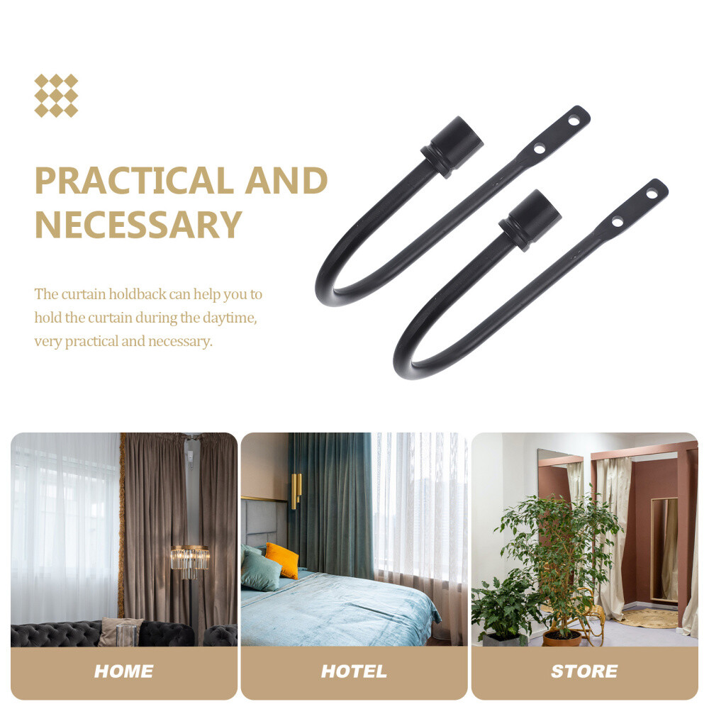 2PCS U Shaped Curtain Holdbacks Hook Wall Mount Metal Decor Decorate Black