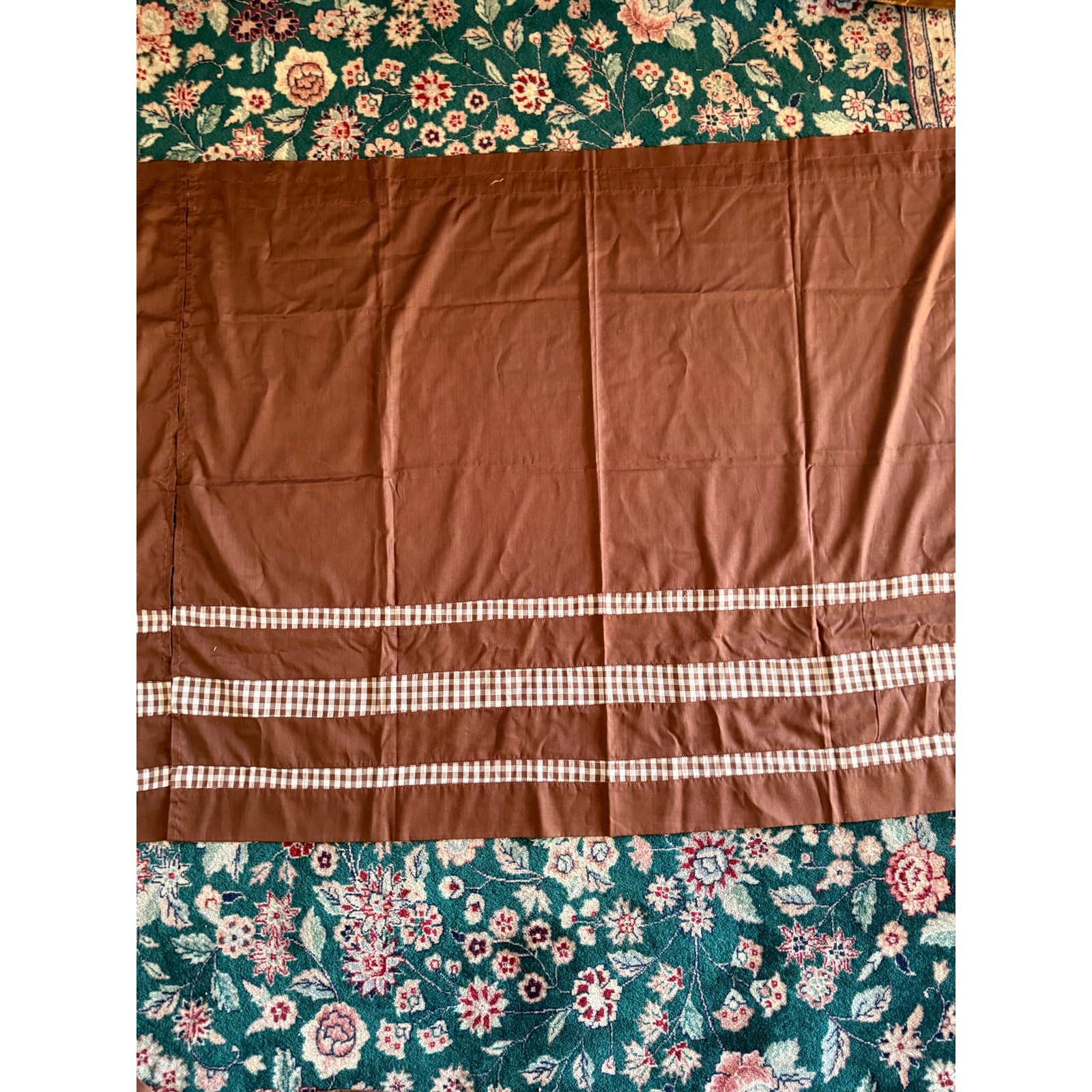 Vintage 1980s Handmade Brown Gingham Check Curtain Panels Set of 3 Cottagecore