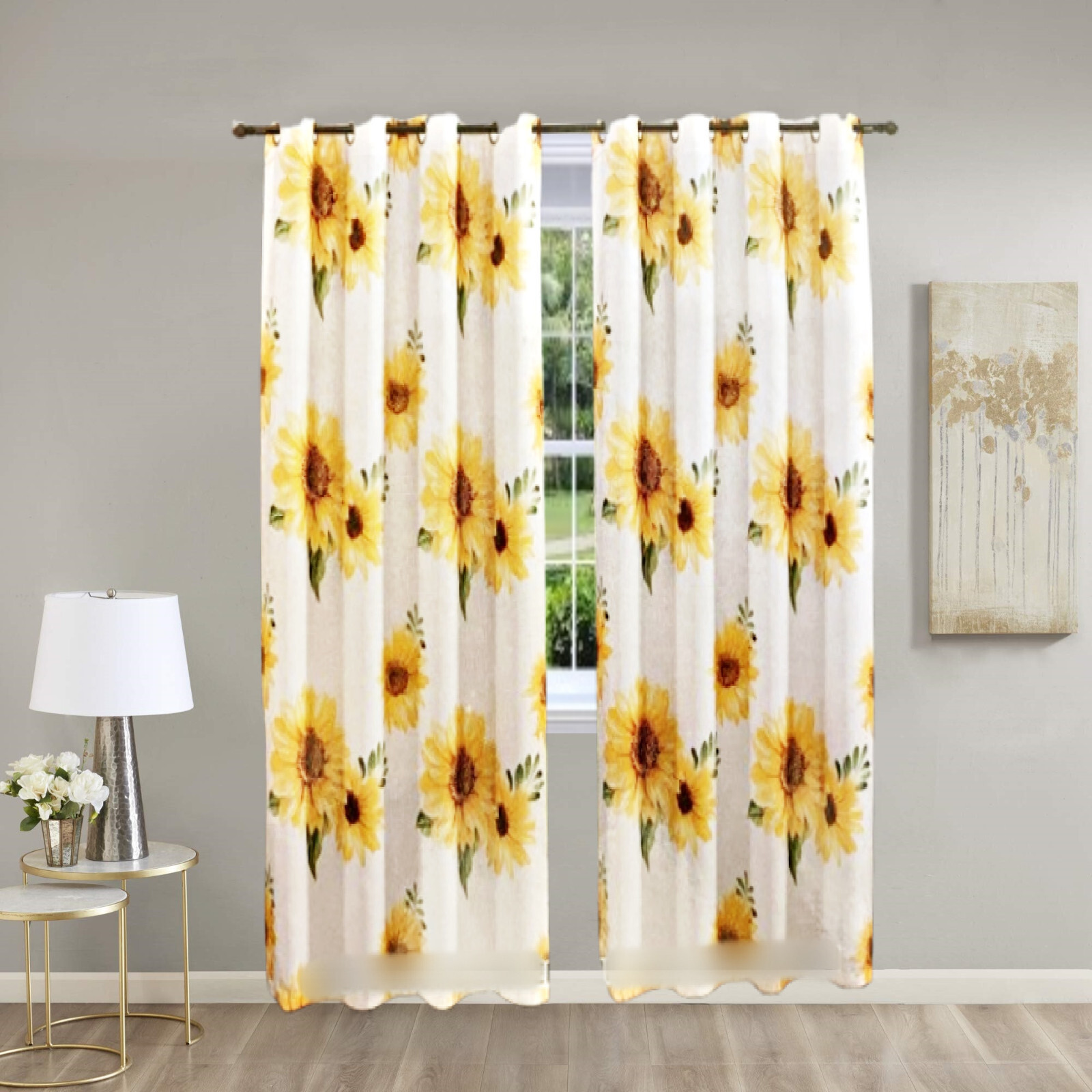 2PC SET SUNFLOWER HEAVY SUADE PANEL BLACKOUT GROMMET WINDOW CURTAIN 108″WX84″L