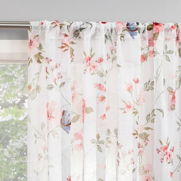 1pc 51"x63" Jocelyn Floral Print Crushed Sheer Voile Rod Pocket Curtain