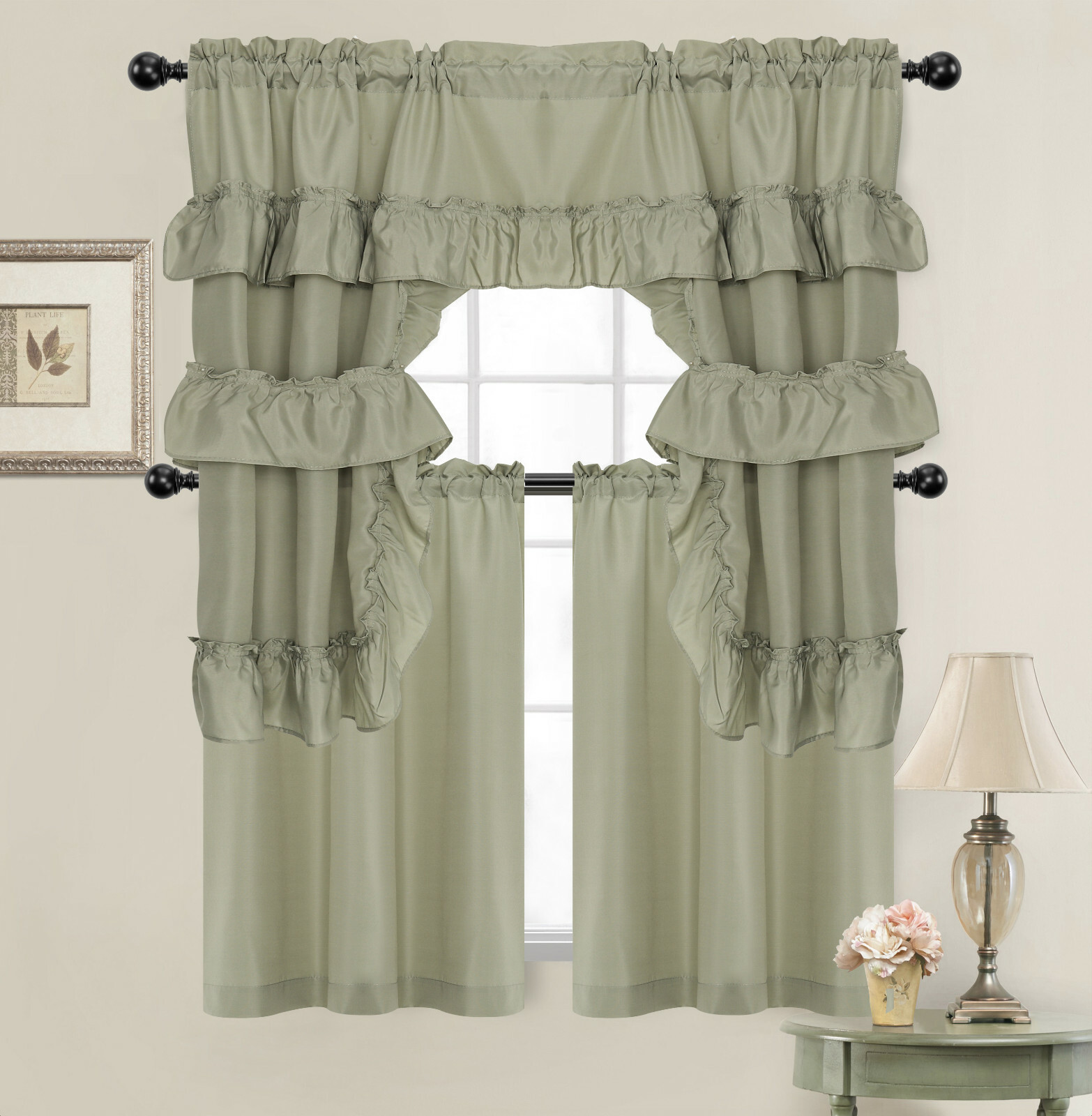 Country Farmhouse Solid Colored Kitchen Curtain Tier/Swag Set – Assorted Colors