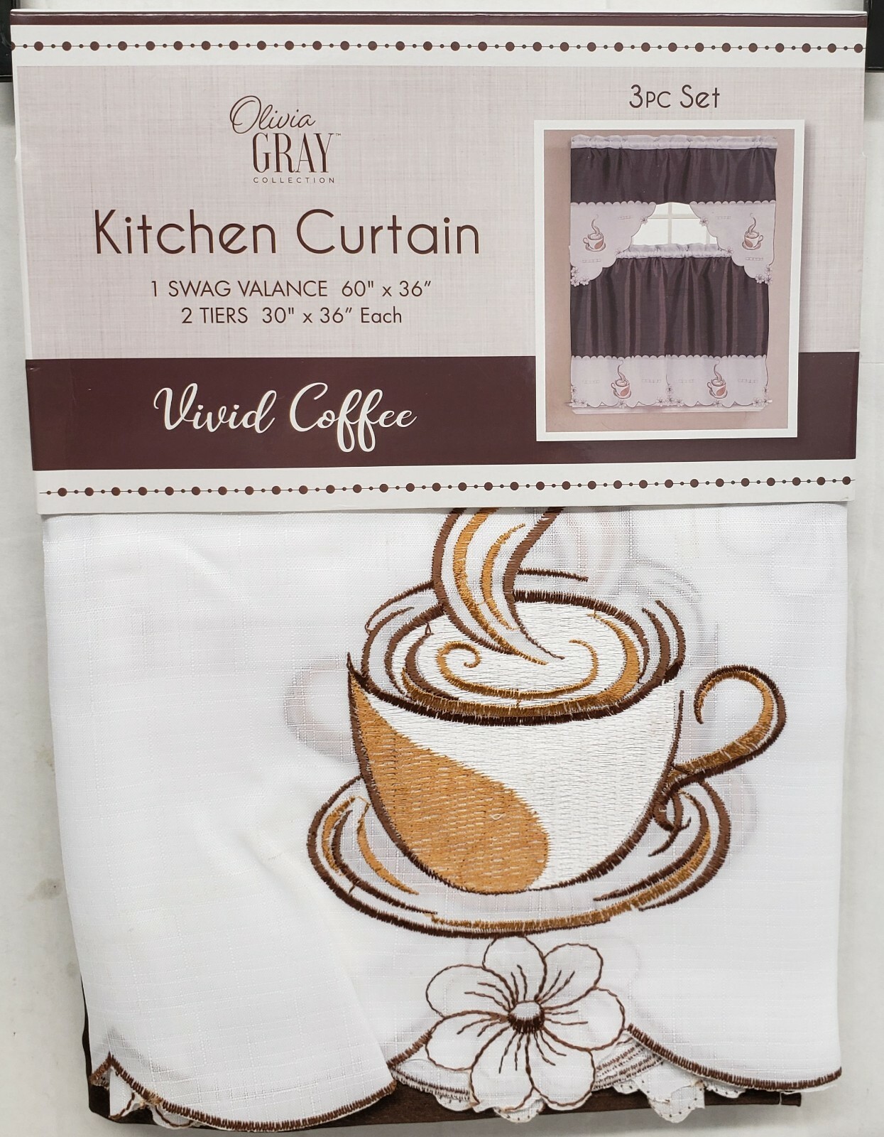 3pc. Embroidered Curtains Set: 2 Tiers & Swag (60″x36″) VIVIVD COFFEE CUP, OG,RT
