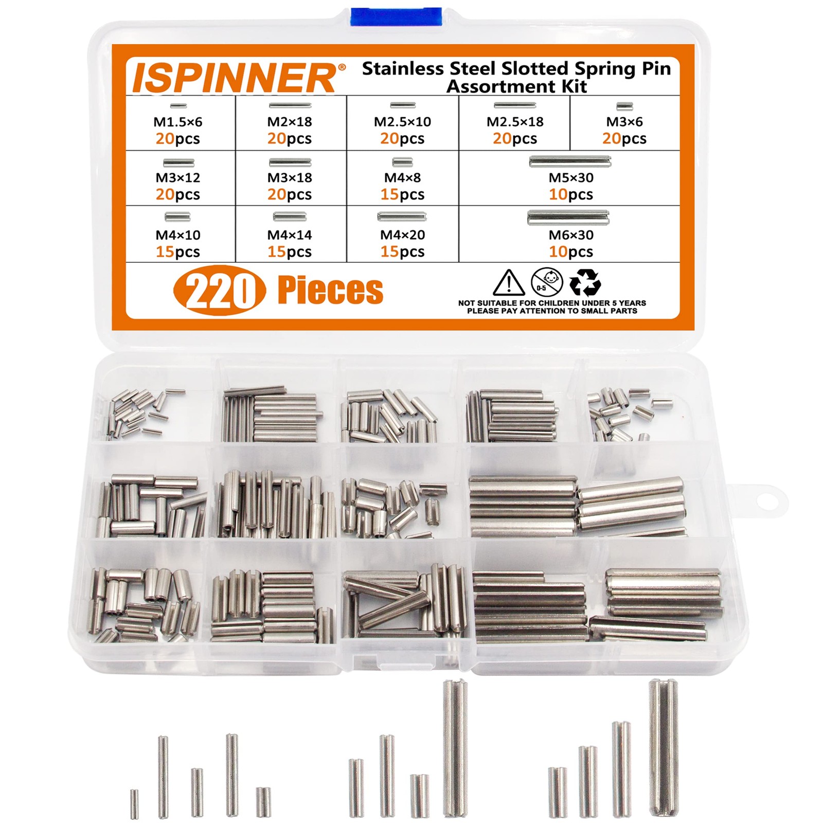 ISPINNER 220pcs Roll Pin Set, Stainless Steel Slotted Spring M1.5X6 To M6X30