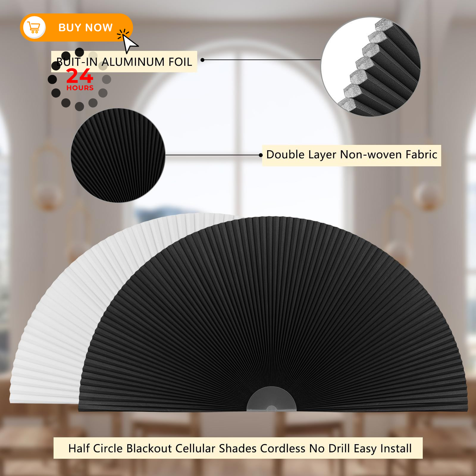 Arch Window Shade Blackout Cellular Shades Half Circle 24″W x 12″H, Black
