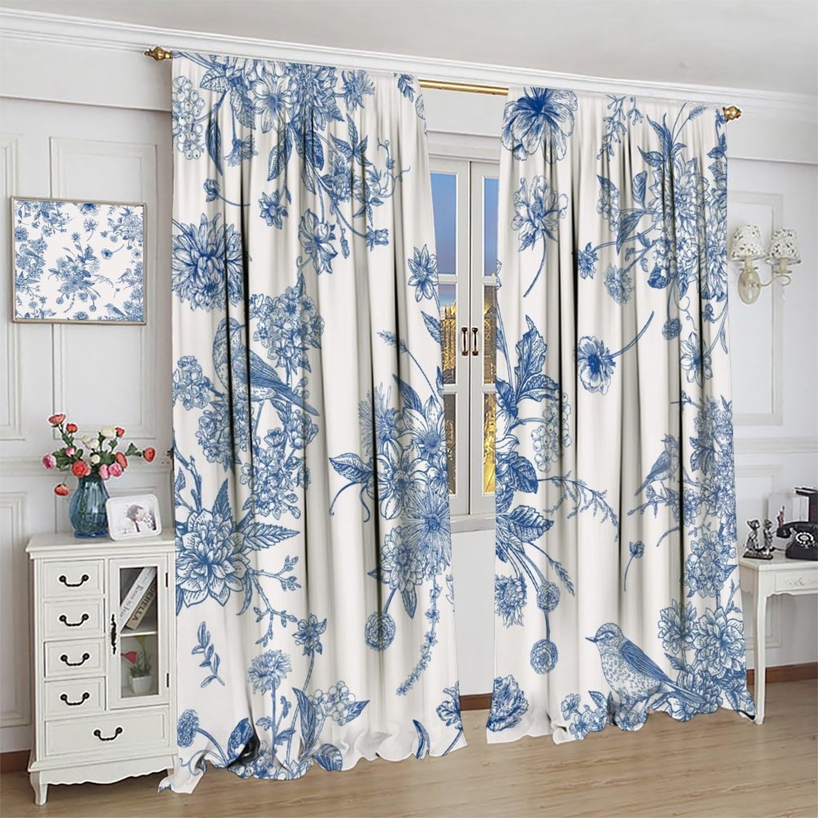 Blue Floral Bird Curtains, Boho Vintage Navy White Flowers Bird Chinoiserie A…