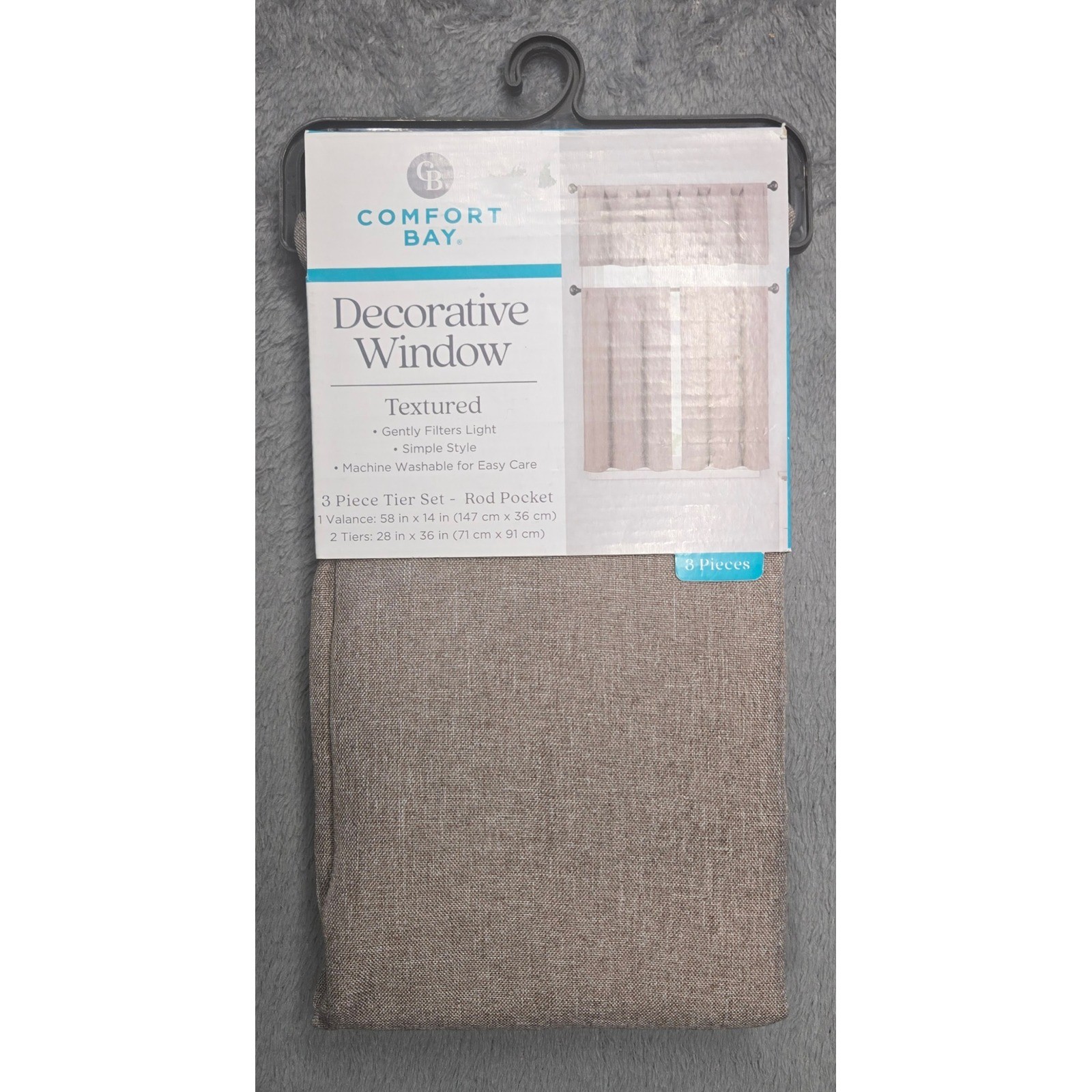 Comfort Bay 3 Piece Window Tier Set Valance Tiers Tan Textured Rod Pocket New