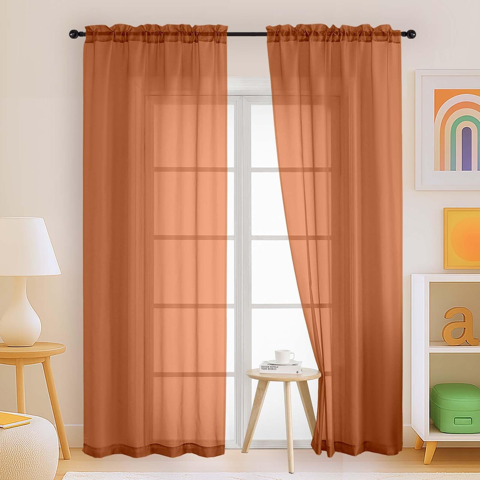 Orange Sheer Curtains 84 Inches Long 2 Panels, Elegant Airy Transparent Light