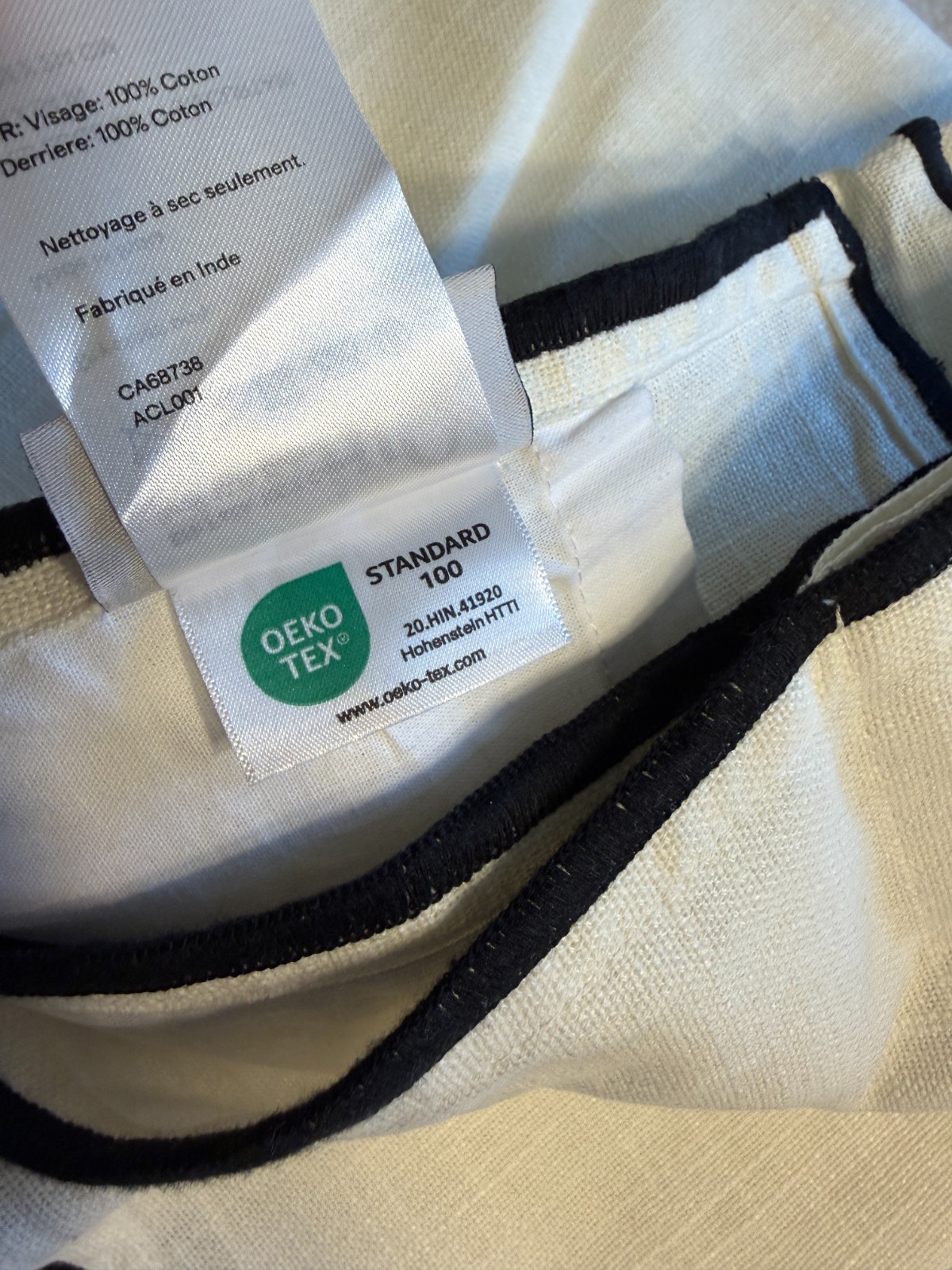 Quince Piped Edge Cotton Curtain Panel 48×84 White Black Lined Back Tab