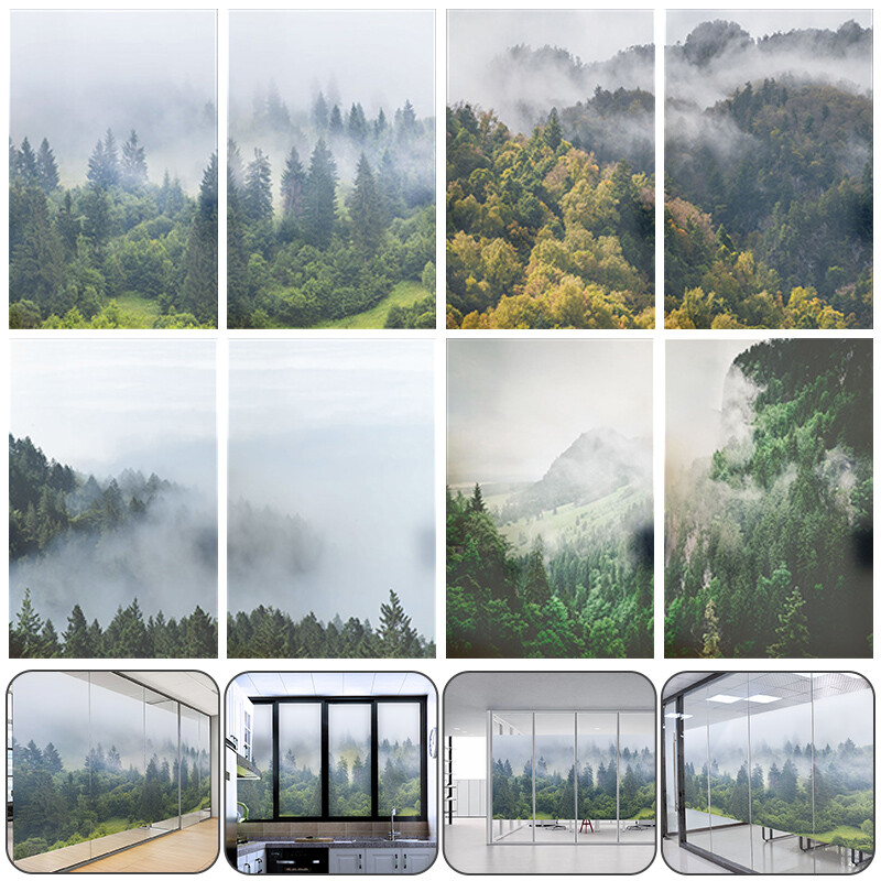 Home Window Film Static Cling Stained Forest Scenery 3D Frosted Decor