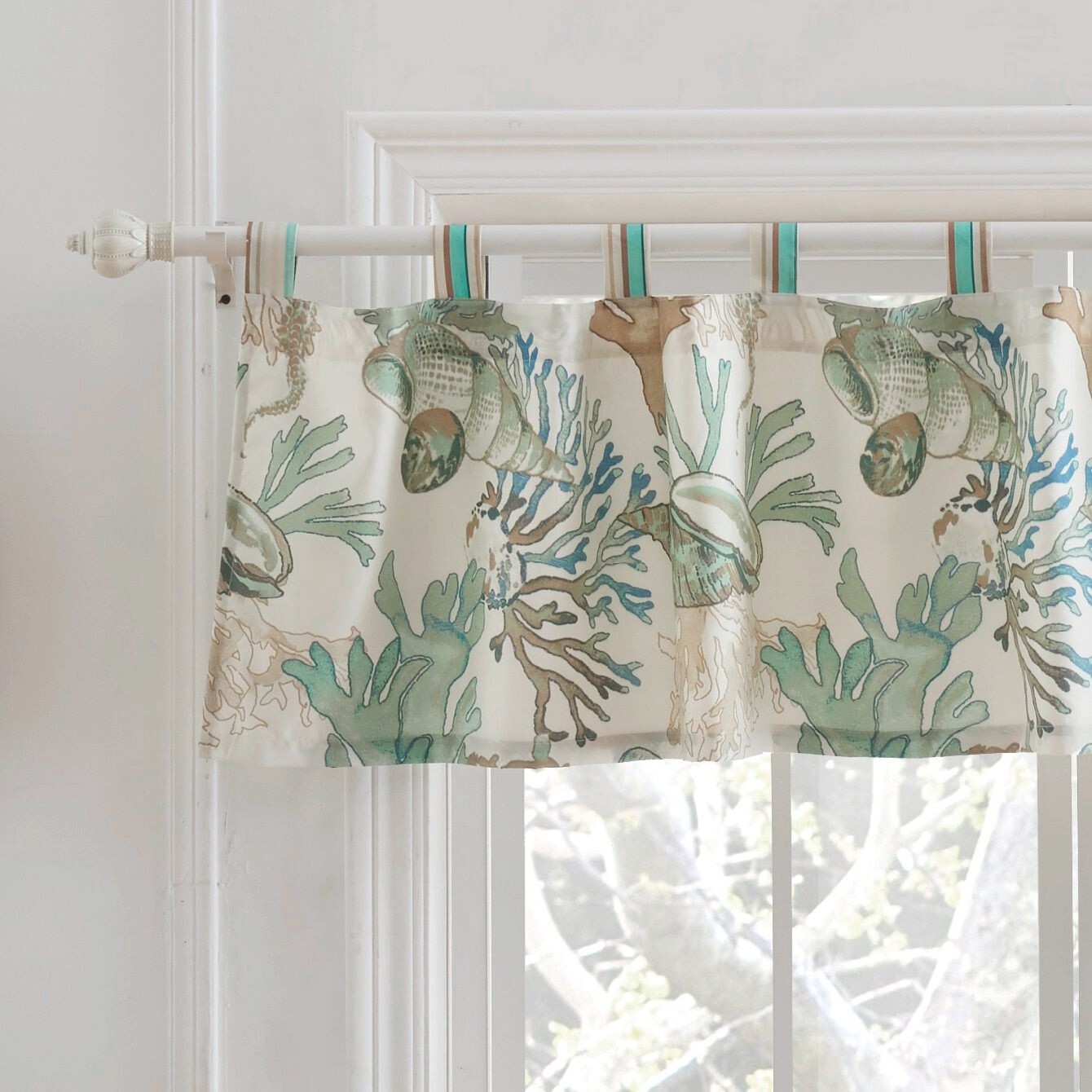 ATLANTIS JADE 84×19 VALANCE : AQUA SHELLS CORAL BEACH TROPICAL SEASIDE WINDOW