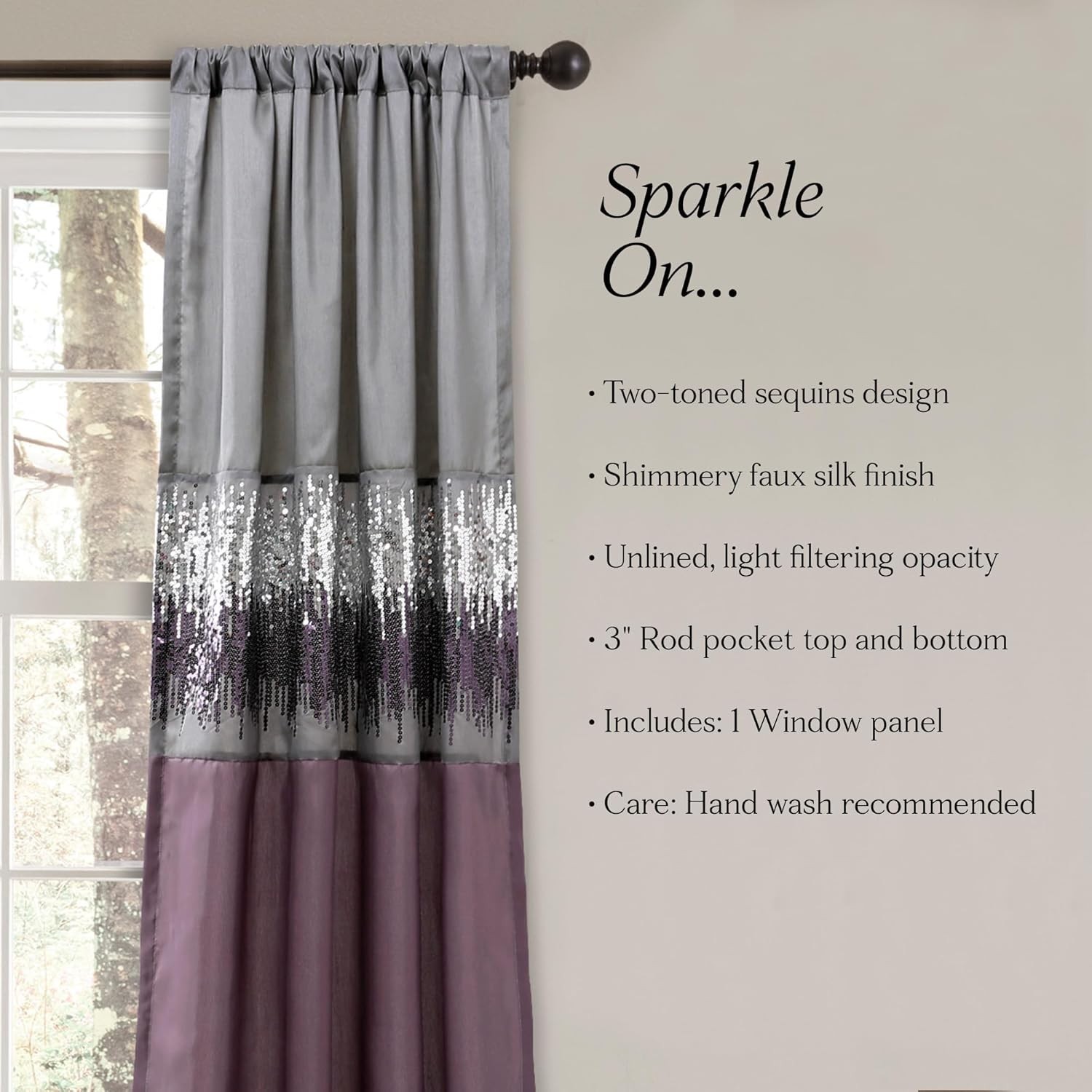 Night Sky Window Curtain Panel, Single, 42″ W x 84″ L, Purple & Gray – Sequin…