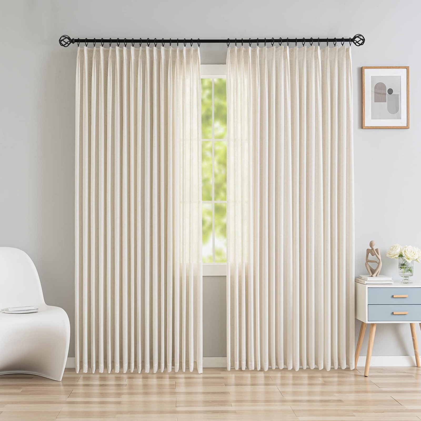 Oyring Extra Wide Pinch Pleated Faux Linen Light Filtering Curtains Semi Sheer