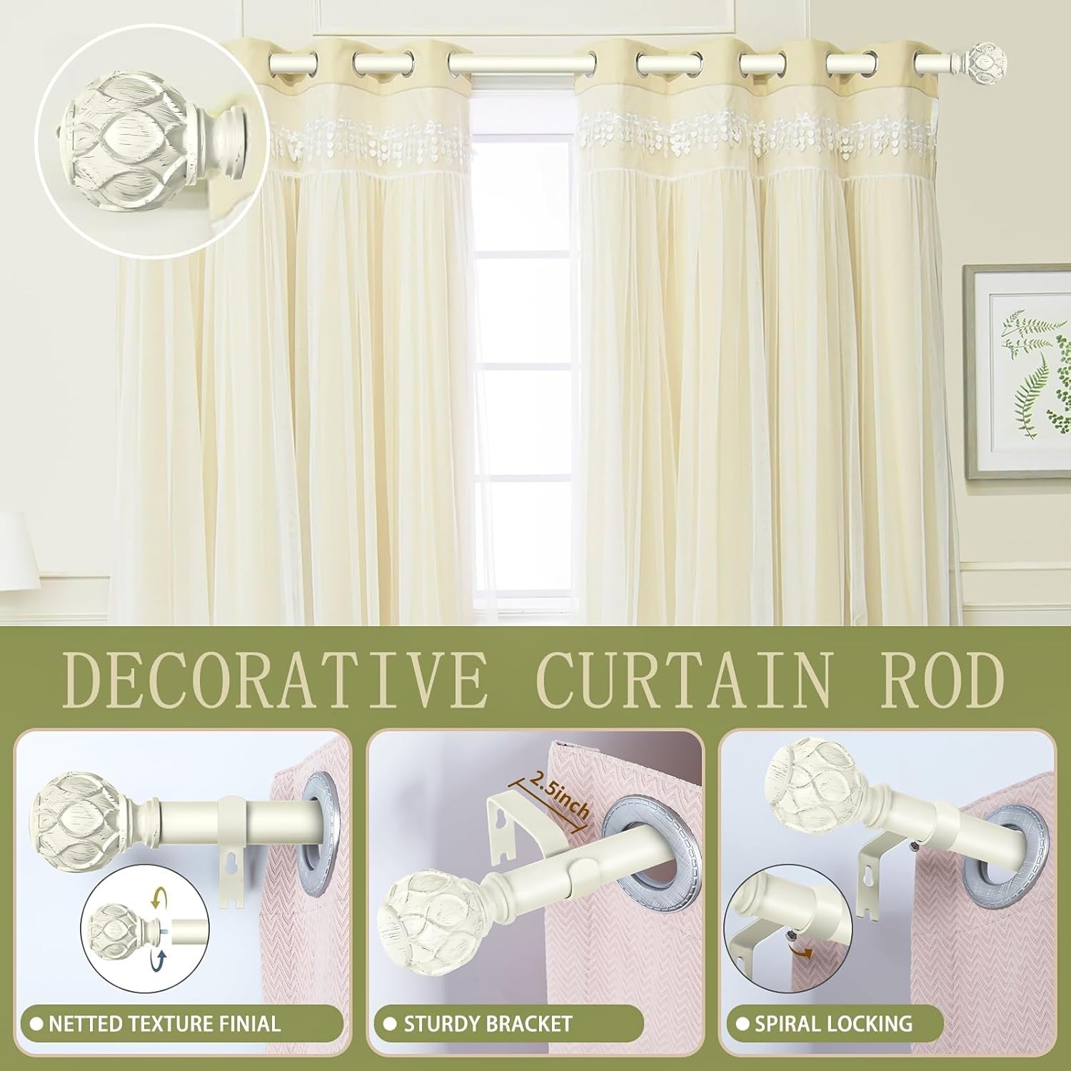 White Farmhouse Curtain Rods for Windows:36-88″ Heavy Duty Adjustable Curtain…