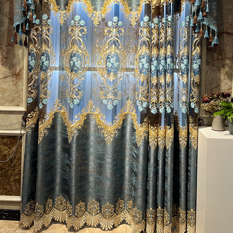 noble water-soluble embroidery chenille blue cloth curtain valance drape C1638