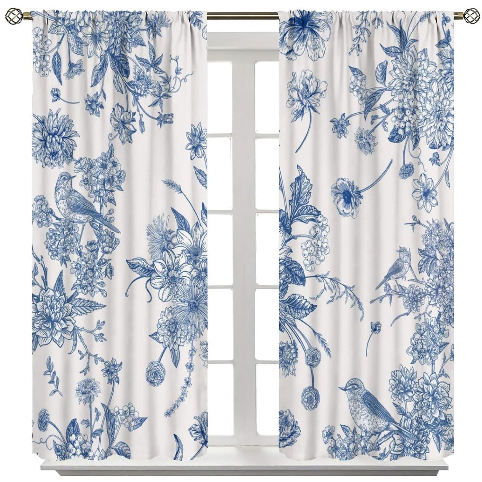 Blue Floral Bird Curtains, Boho Vintage Navy White Flowers Bird Chinoiserie A…