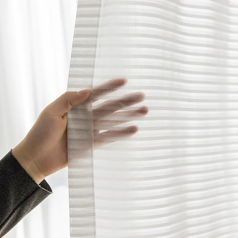 White Striped Sheer Curtain Panel Japanese Minimalist Tulle Window Drapes