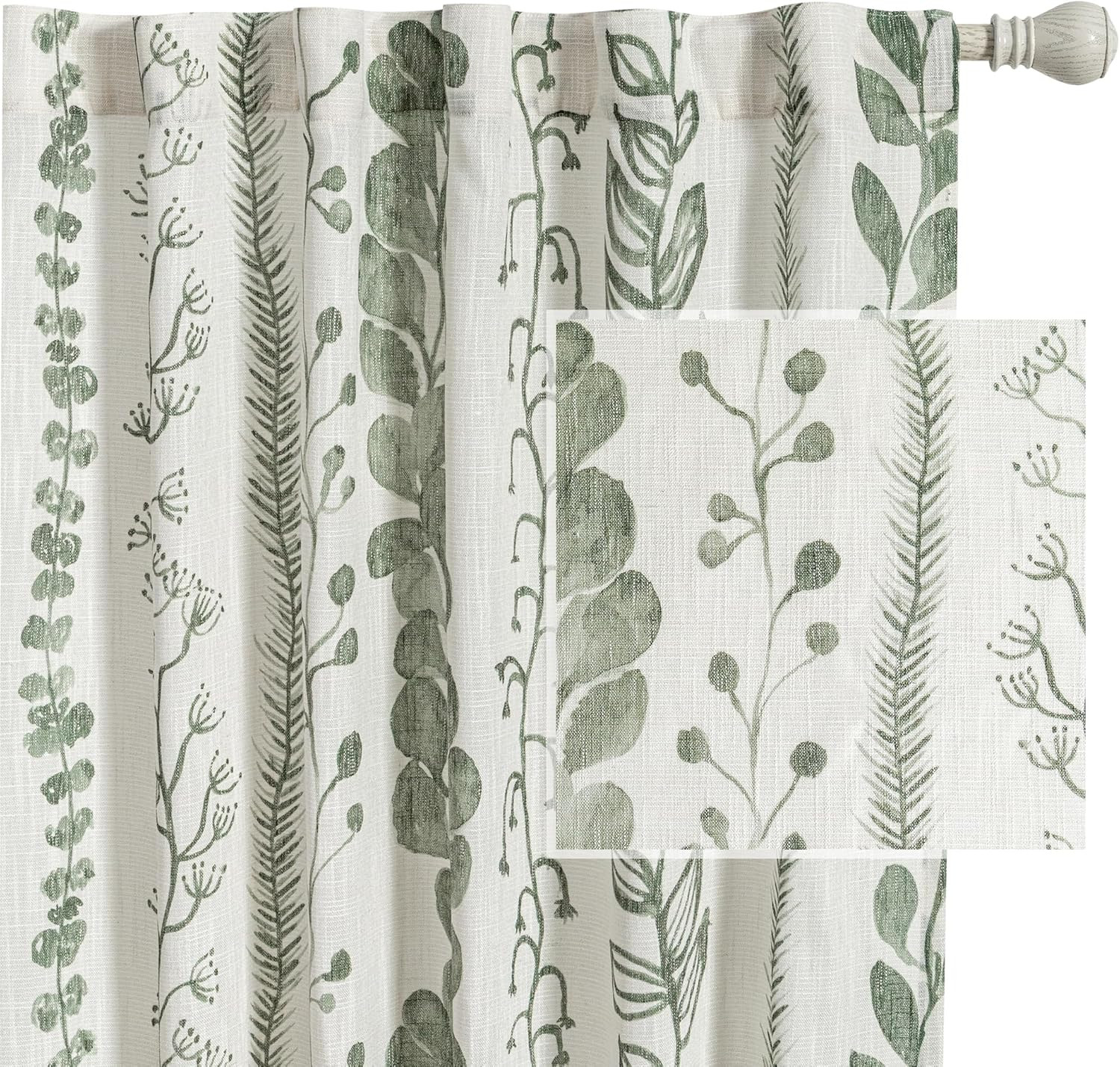 Sage Green Boho Curtains 84 Inch Long 2 Panels Leaf Print Light Filtering Drapes