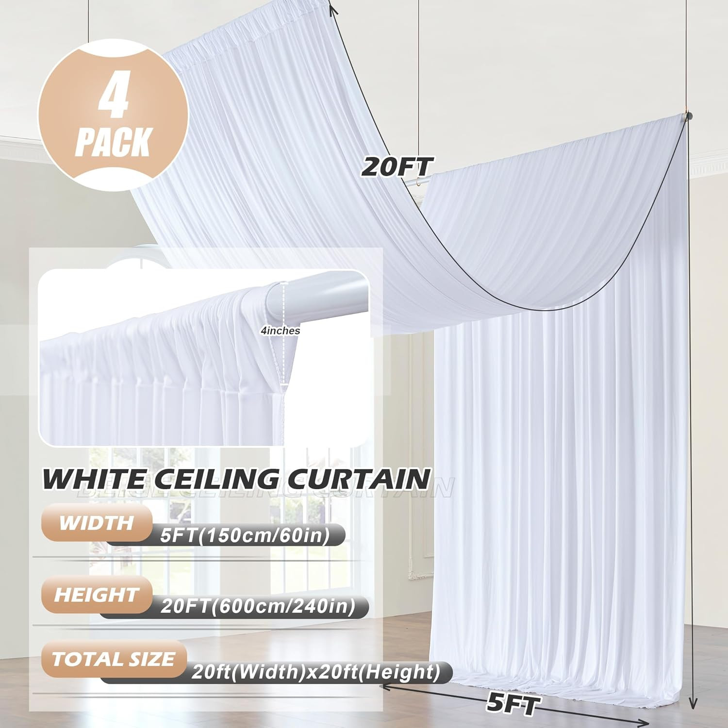 20×20 Ft White Ceiling Drapes – Wrinkle-Free Polyester for Events & Parties