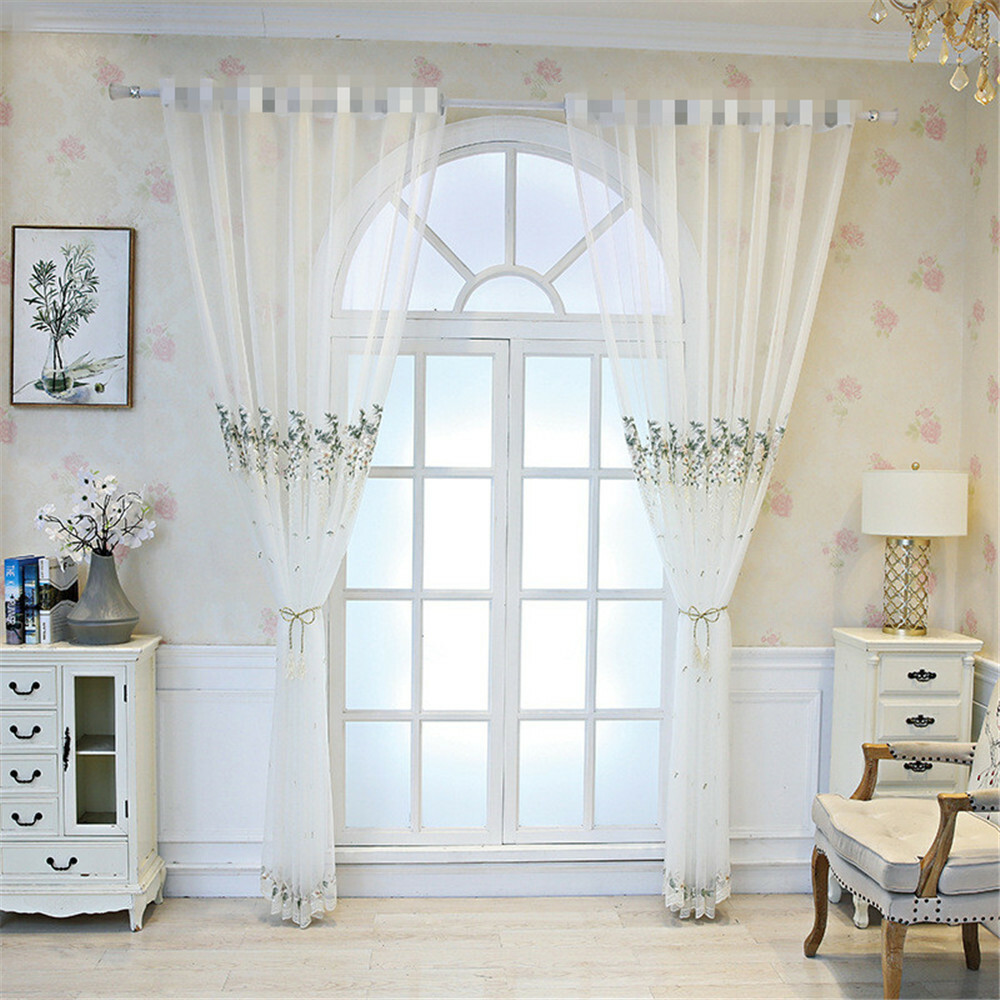 Floral Embroidered Sheer Curtain Elegant Tulle Voile Window Treatment 1 Piece