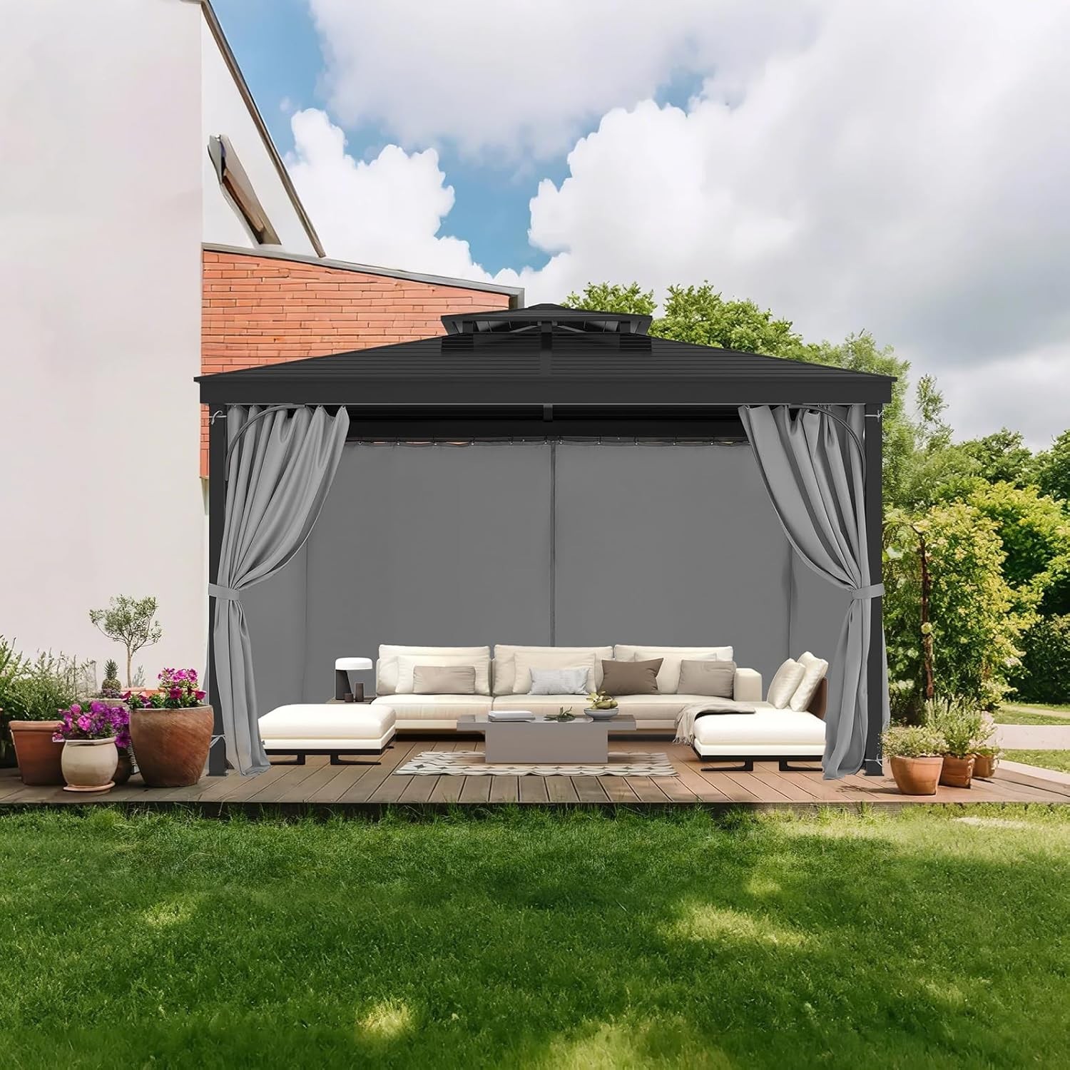 Universal 4-Panel Backyard Gazebo Curtains with Three-Section Ties – 12’ x 10’