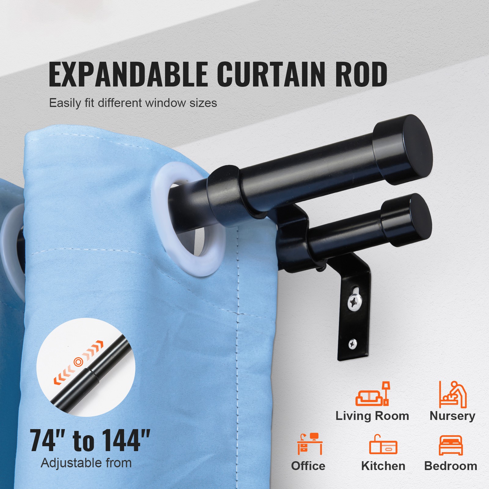 Uimoso Adjustable Double Curtain Rods with Cap Finials, 72-144 in Length