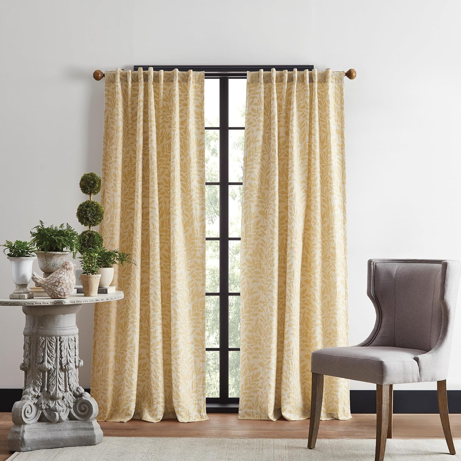 Vineyard Leaf Print Gold Light Filtering Curtains, 95″ Panel Pair