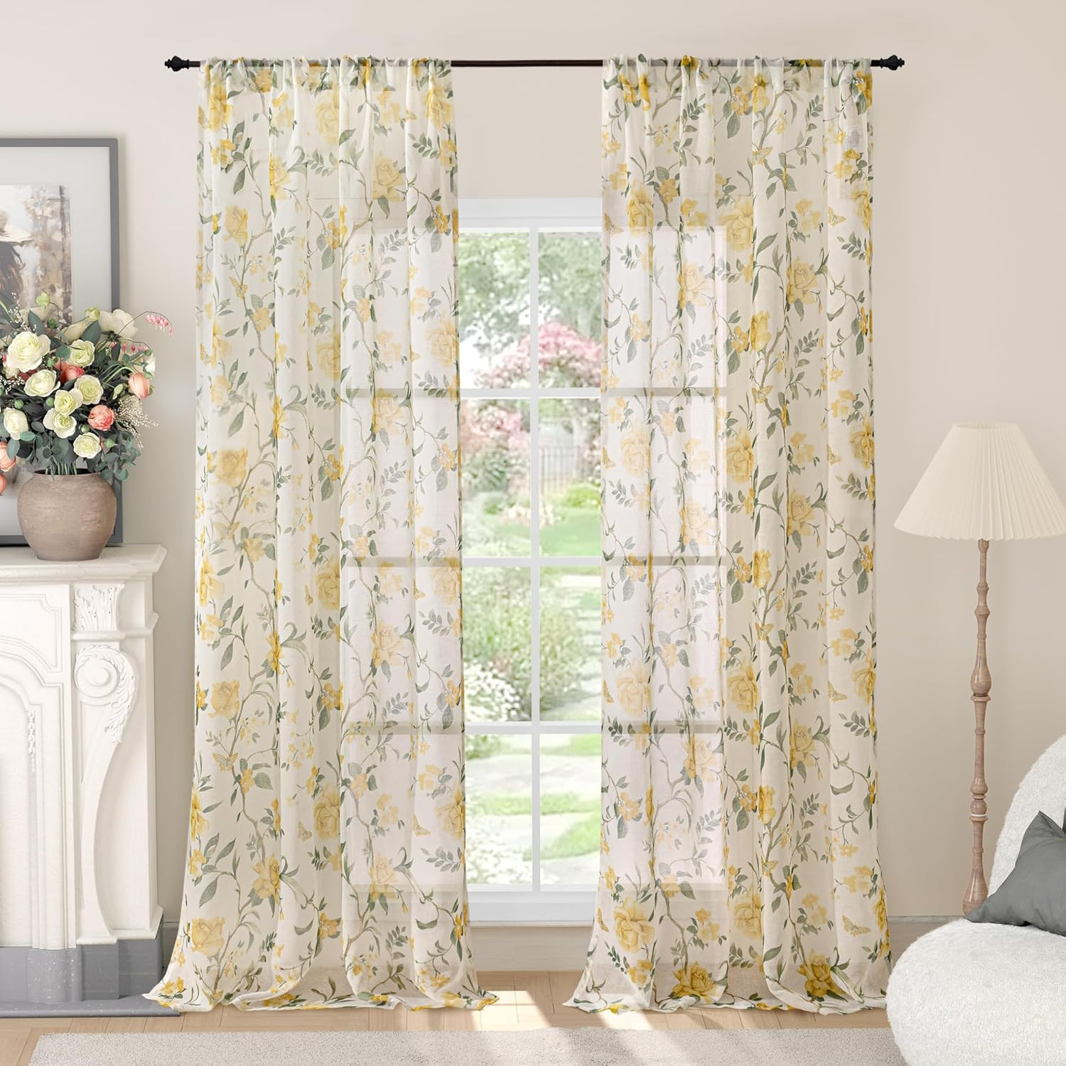 French Country Sheer Curtains 84 Inch Floral Window Drapes 2 Panels Farmhouse