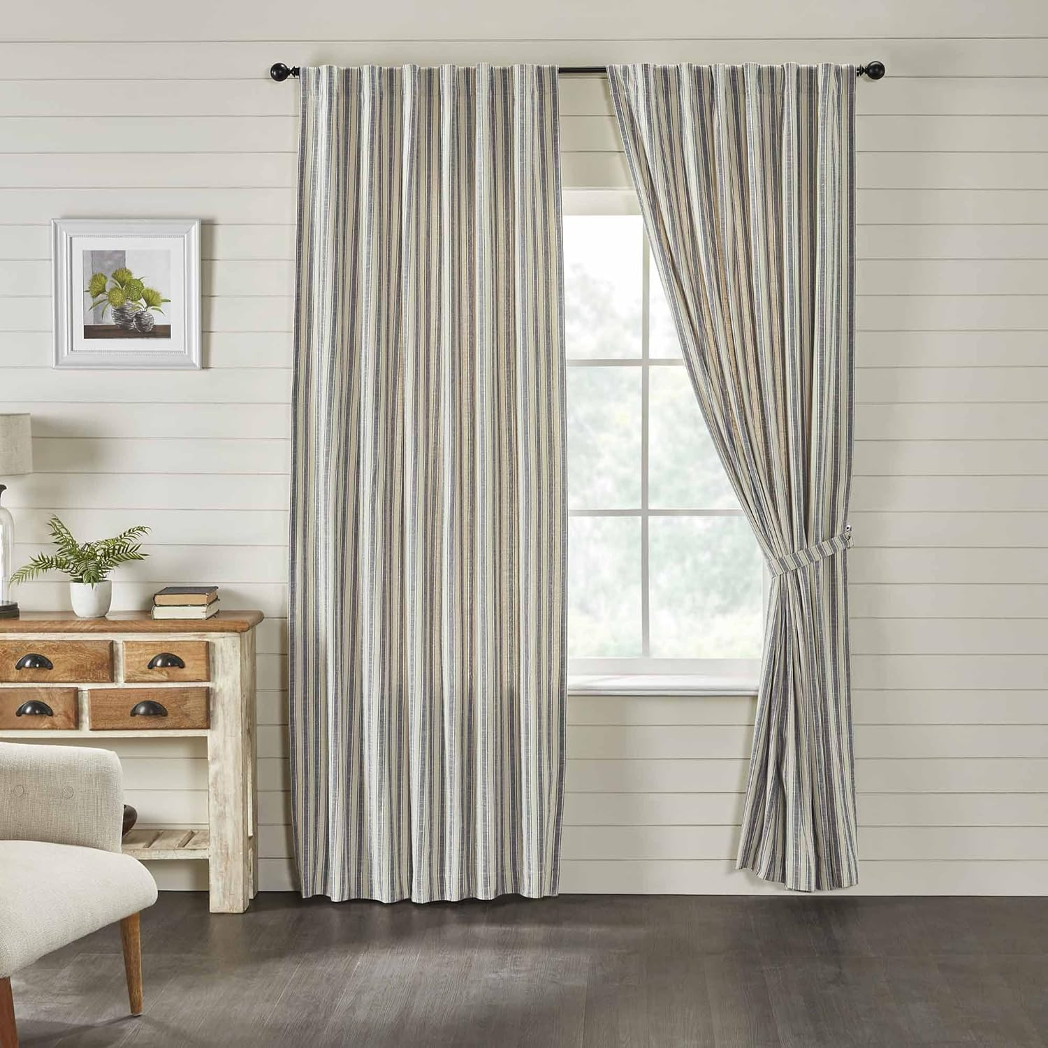 Farmhouse Gray Ticking Stripe Curtains, Set of 2, 84″ L X 40″ Drapes