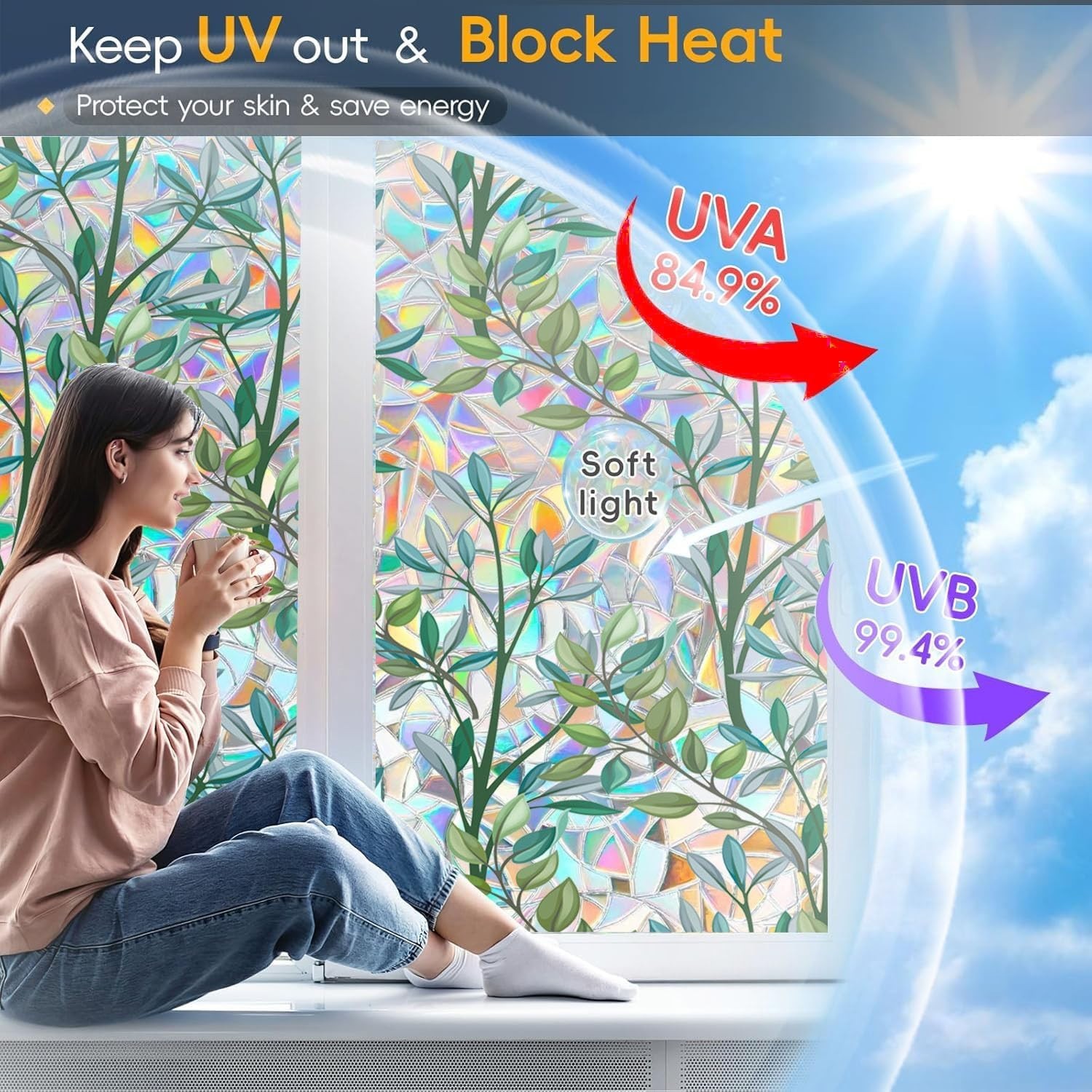 Enchanting Rainbow Privacy Window Film – 3D Stained Glass Effect, 17.5″ x 78.74″