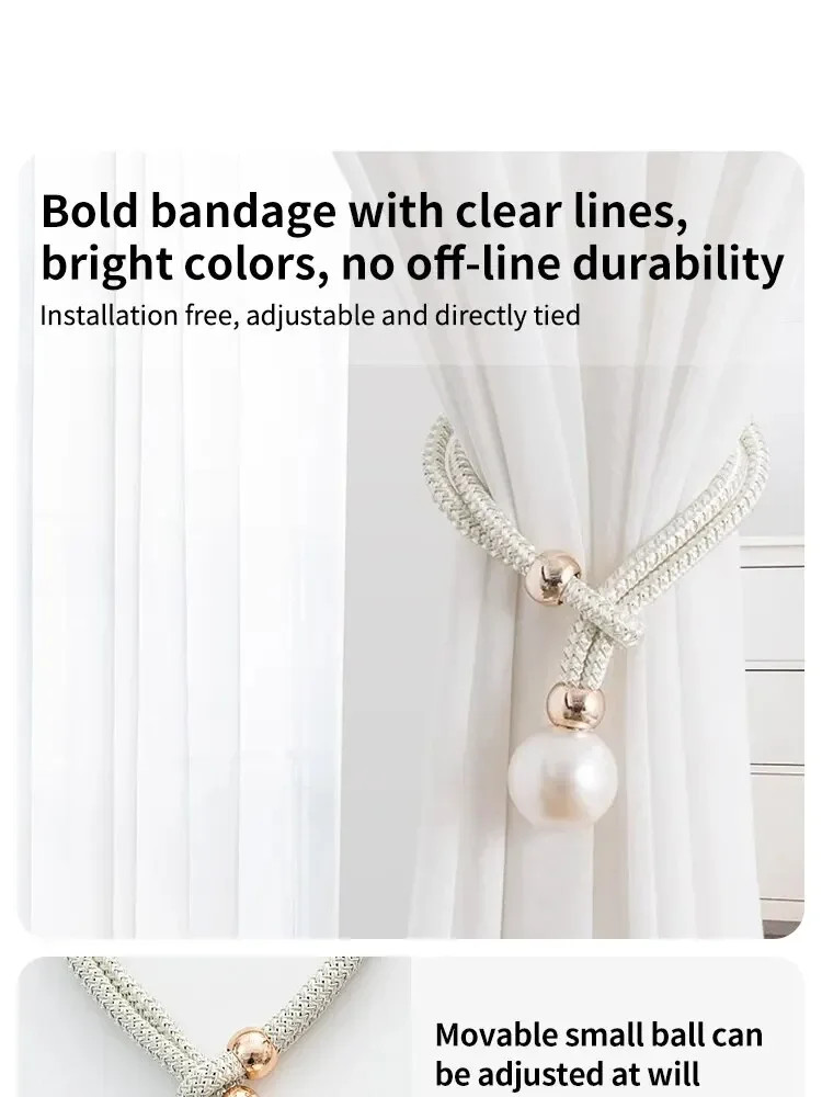 2 pieces No-hole curtain tiebacks, pull-style pearl tie cords, curtain fasteners