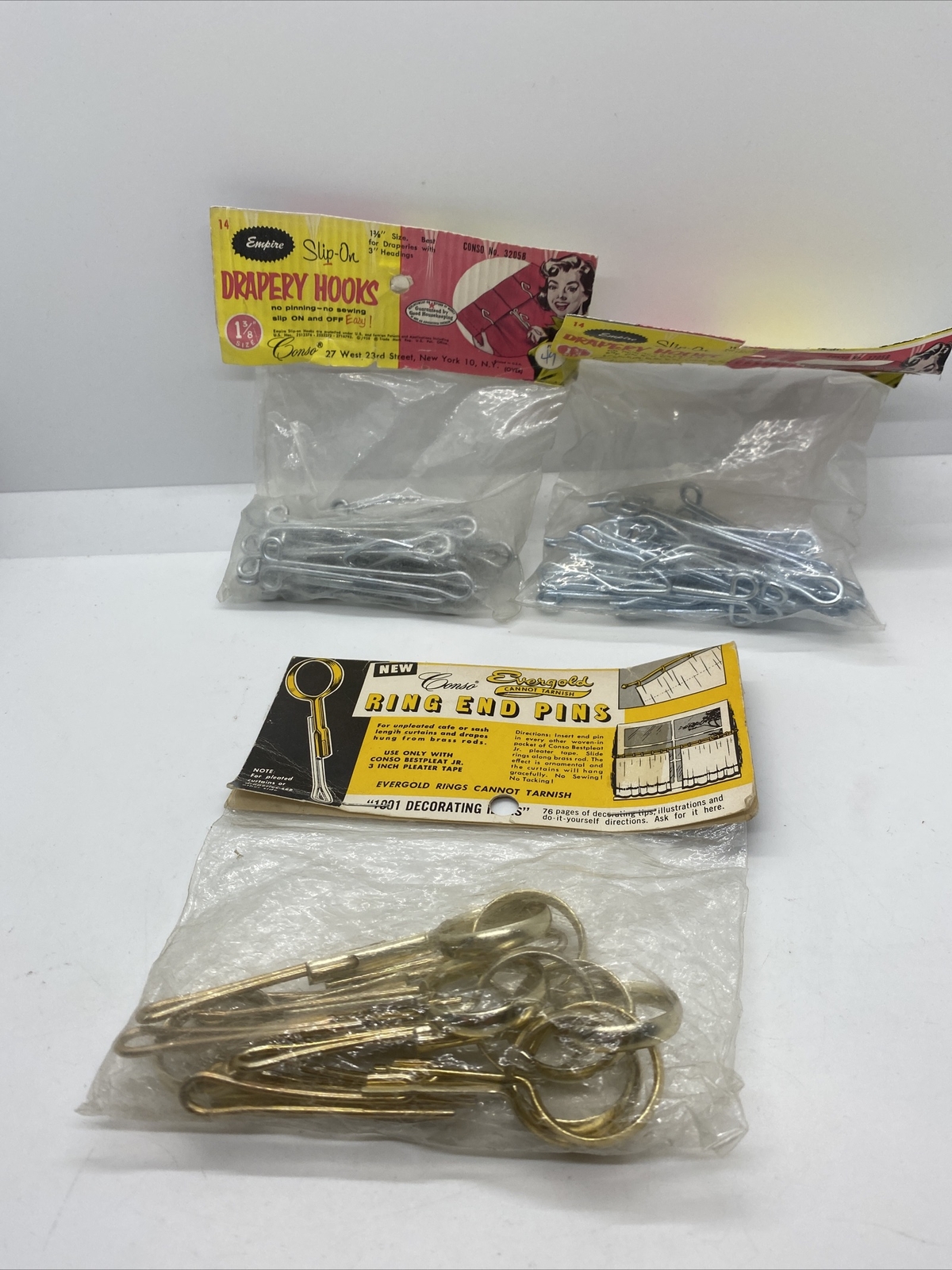 Vintage NOS Empire Slip-on Drapery Hooks And Conso Evergold Ring End Pins
