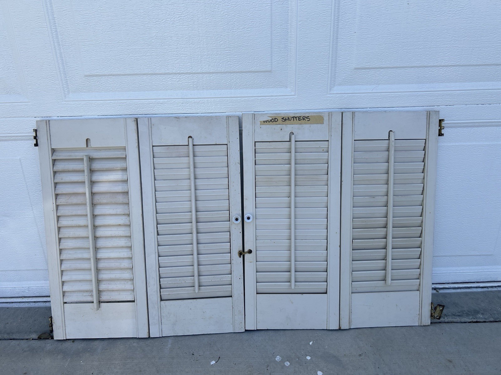 Vintage Bi-Fold Wood Louvered Panel Window Shutters Painted White Rustic 35”* 20