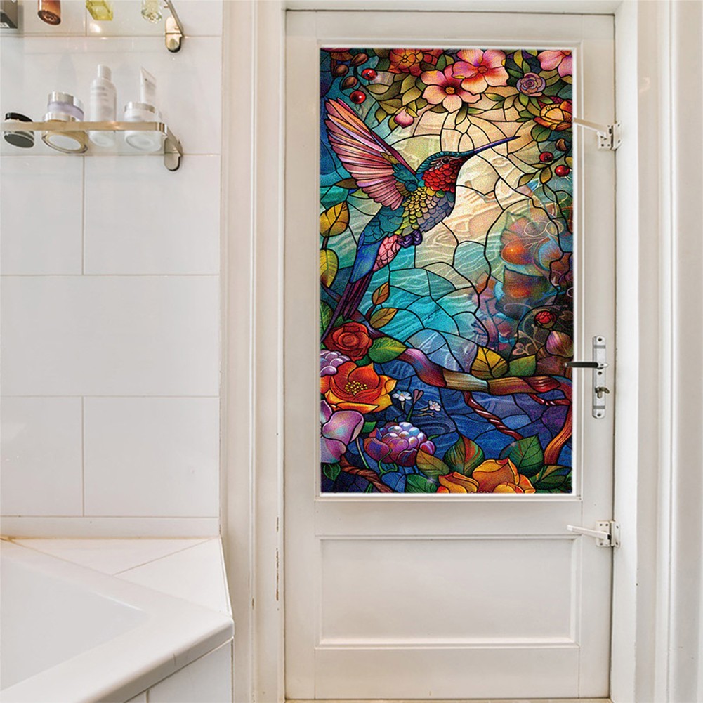 Privacy Protected Static Cling Glass Window Film Stained Flower Bird Sticker