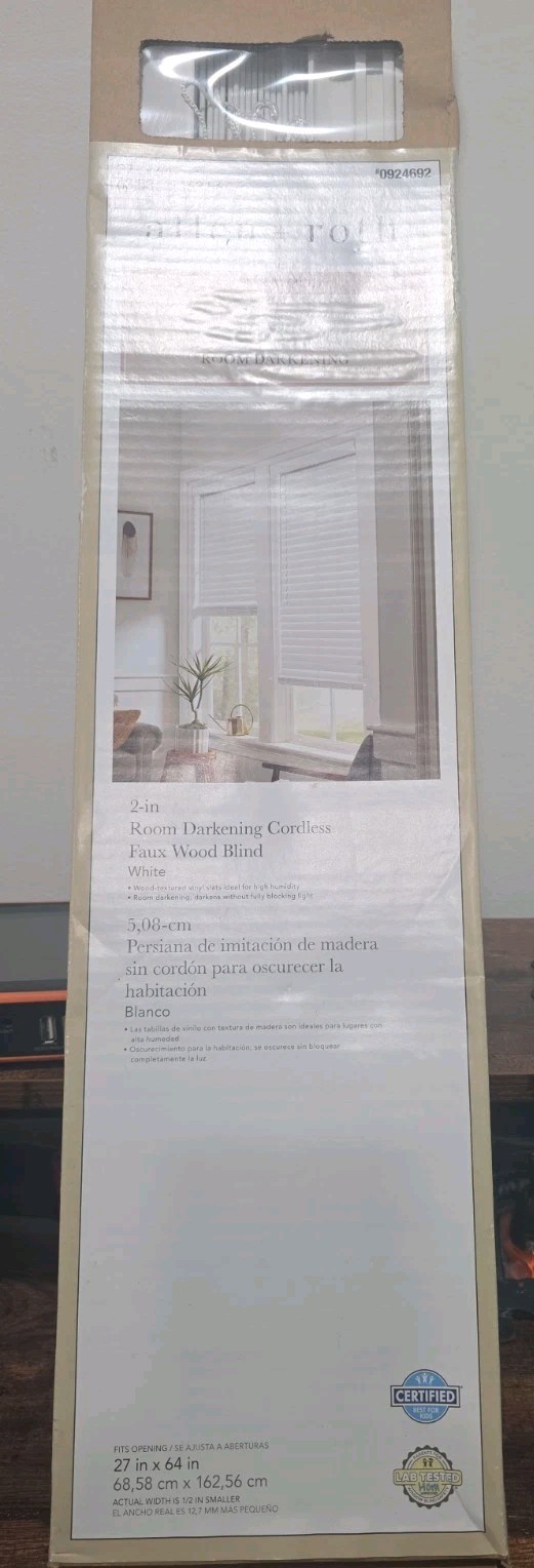 Allen + Roth 27 In x 64 In Room Darkening White Cordless Faux Wood Blind