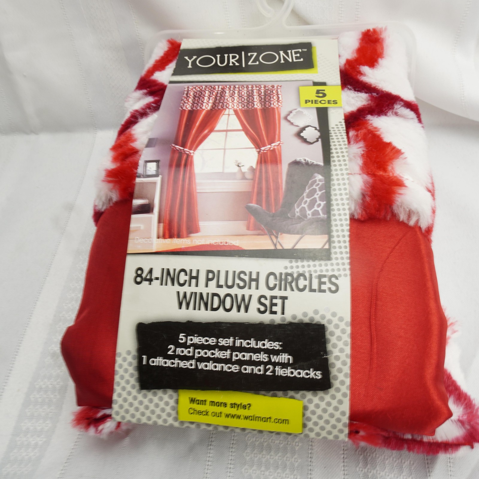 Your Zone 84-Inch Plush Circles Window Set 5 Piece Red Curtains Valance Tiebacks