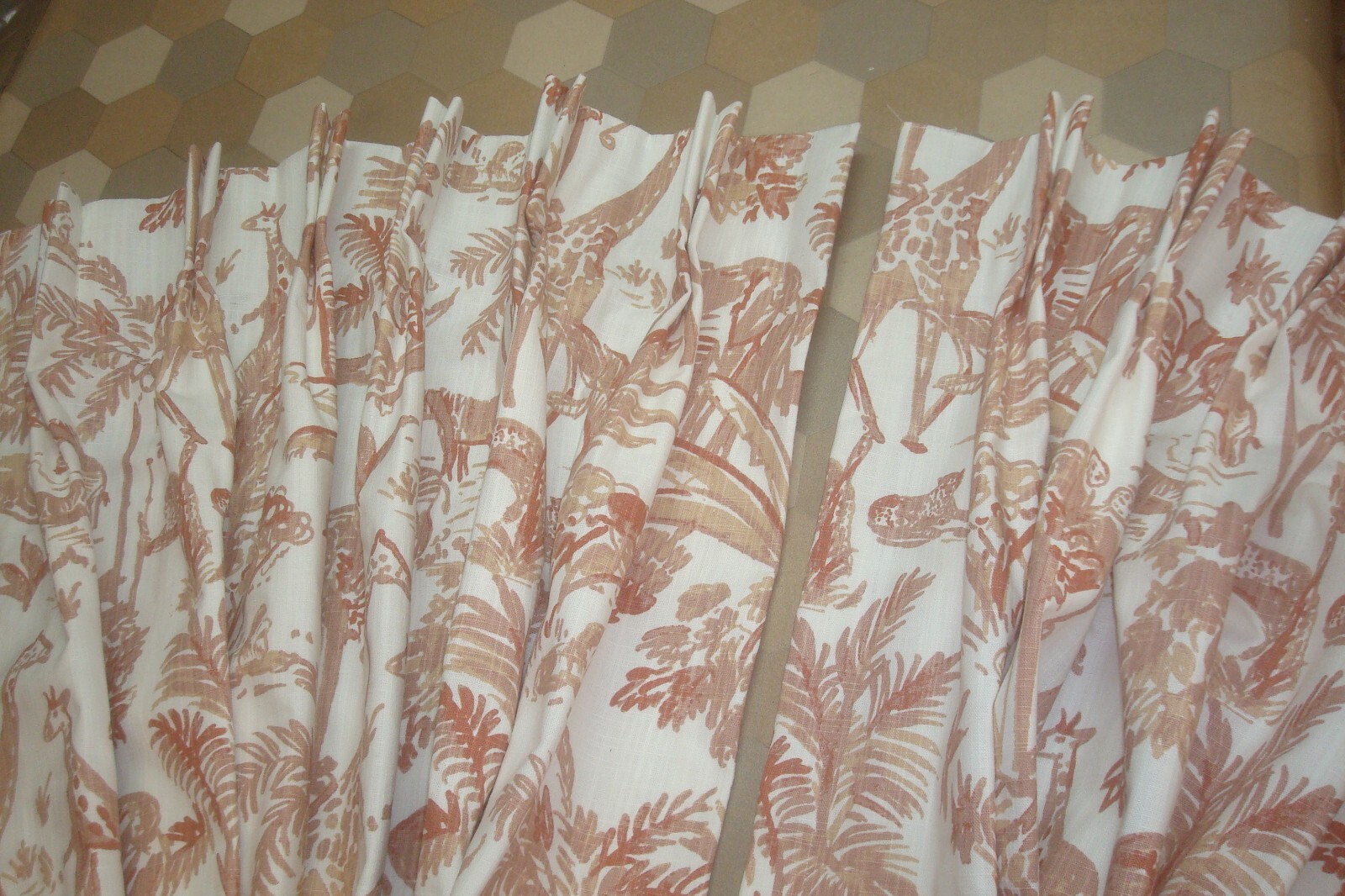 New One Pair Custom Lined DRAPES Meru African Animal Toile Clay Pleated 84″ lg