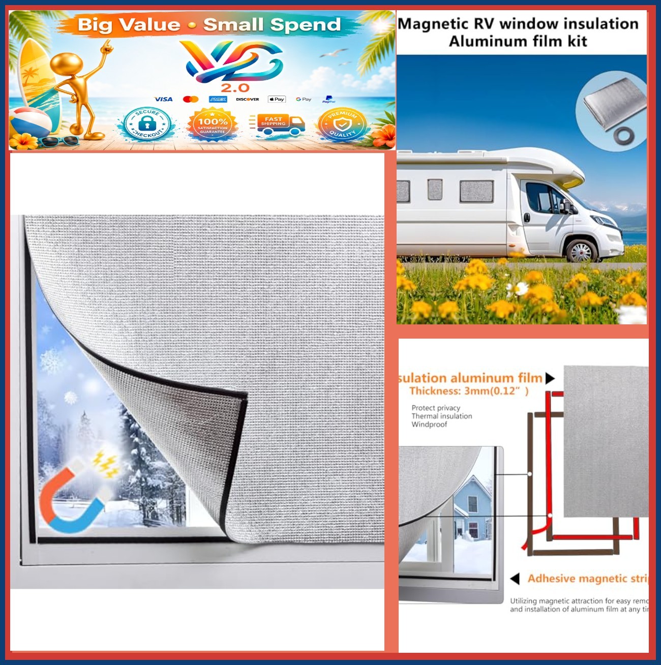 Magnetic Window Insulation Kit Thermal Reflective Aluminum Film 24x36in