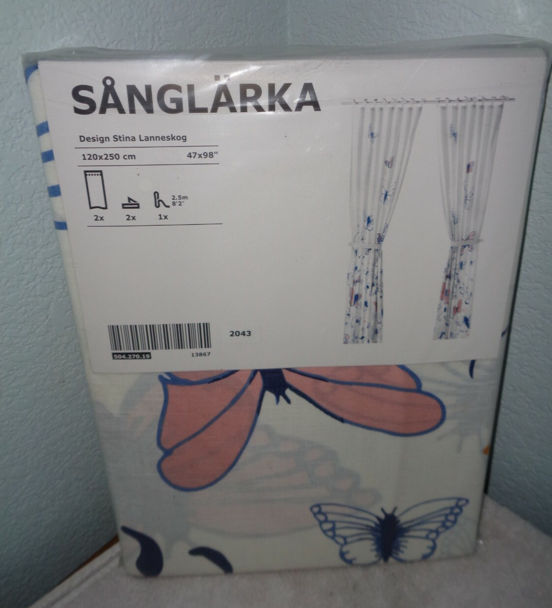 Rare! IKEA Sanglarka Curtains White Blue Butterfly 98″ 2 Panels Spring