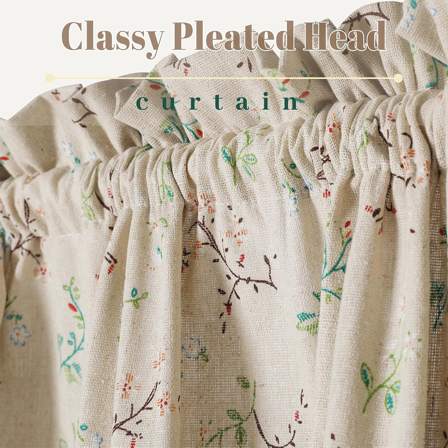 Linen French Door Curtains Set of 2, Elegant Country Style Little Grass and Flow