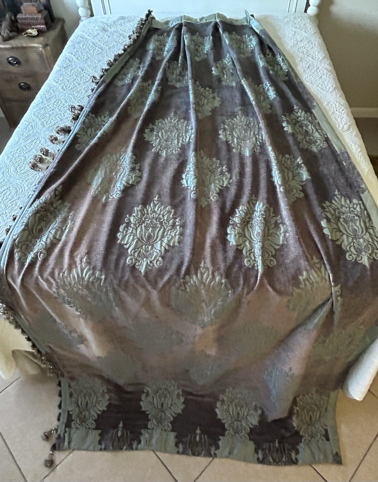 Custom Pleated Drapery Panels Pair 110”L Silk? High-end Tassel Trim 27”W