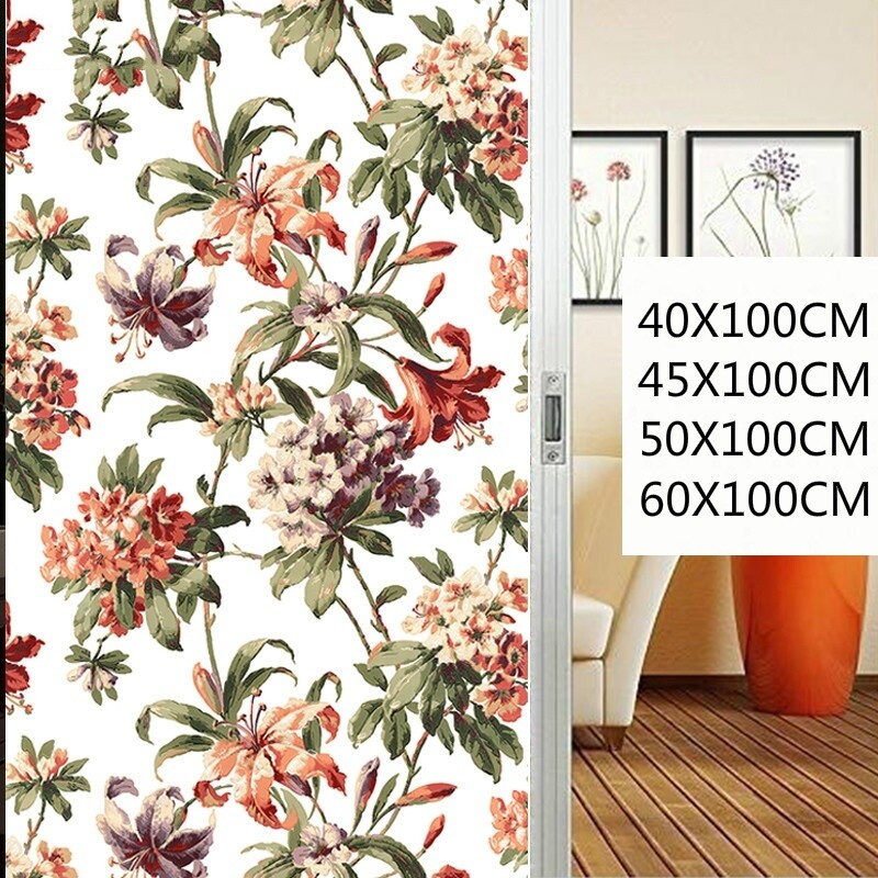 Stained Frosted Window Films Flowers Embossed Static Cling Glass Stickers Opaque