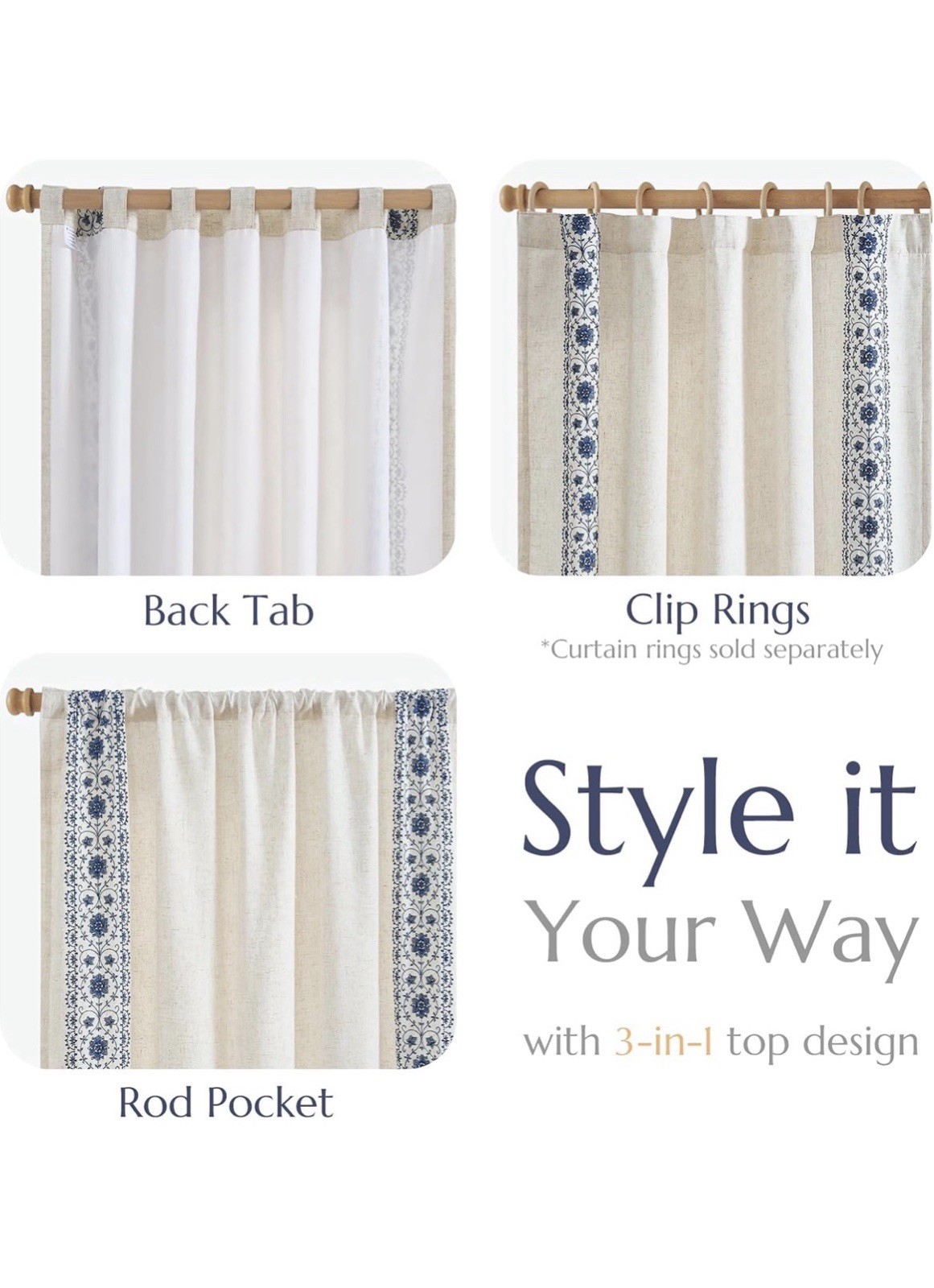 Floral Linen Curtains w Lining Back Tab 50x84in 2 Panels Blue Light filtering